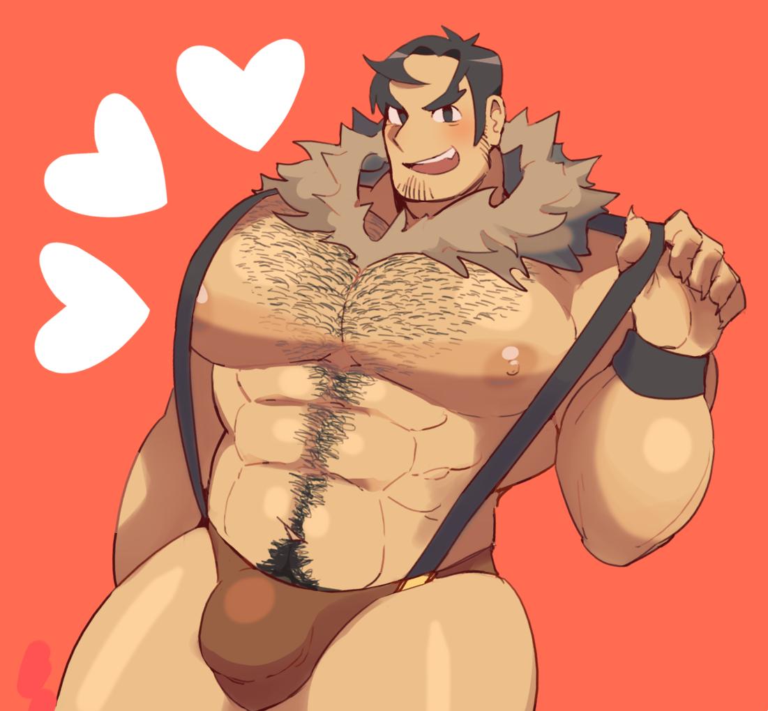 balls bara bara_tiddies bara_tits beowulf_(skullgirls) big_bulge big_chest big_pecs big_pectorals bulge chest chest_hair facial_hair hairy heart hokawazu male male_only man_boobs moobs muscles muscular pecs pectorals penis skullgirls solo solo_male thong underwear