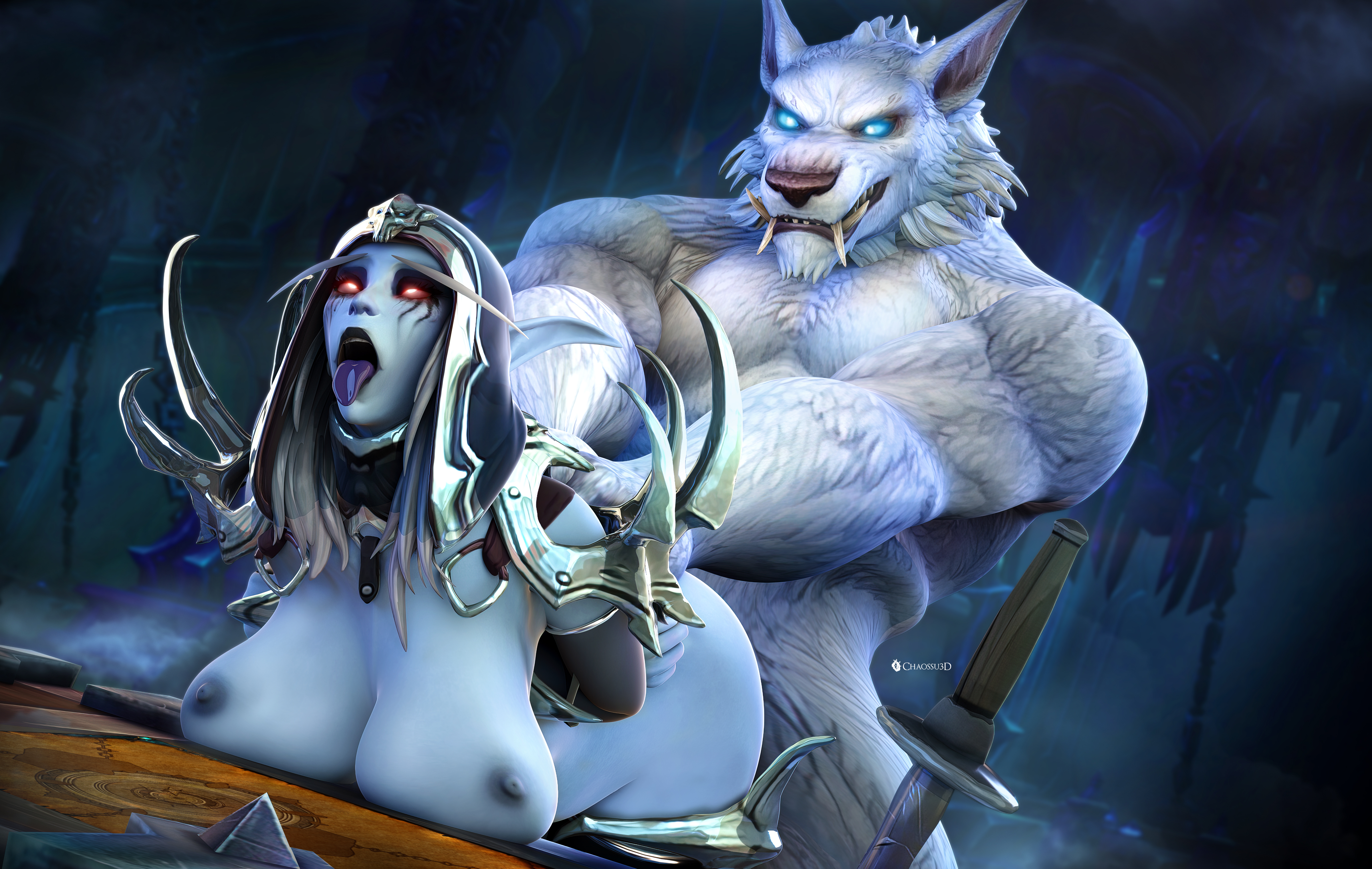 ahe gao, banshee (warcraft), blizzard entertainment, chaossu3d, female, male, male/female, mawsworn, oc, sylvanas windrunner, the maw (warcraft), torghast tower of the damned, warcraft, worgen, world of warcraft