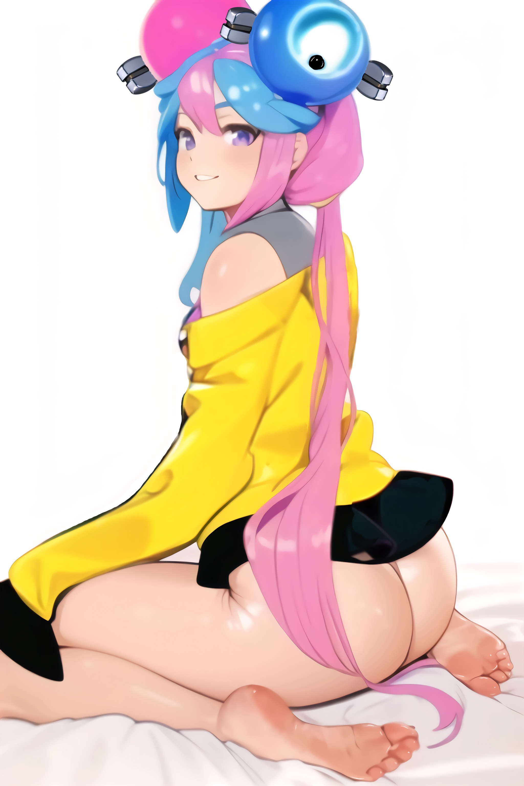 1girls, ai generated, ass, ass focus, barefoot, behind view, bottomless, feet, female, from behind, gym leader, half dressed, iono (pokemon), jacket, large ass, latex, laying down, lewdful, light blue hair, light pink hair, low twintails, multicolored hair, nai diffusion, nintendo, ornament, pokemon, pokemon sv, purple eyes, simple background, smile, soles, stable diffusion, toes, twintails, white background