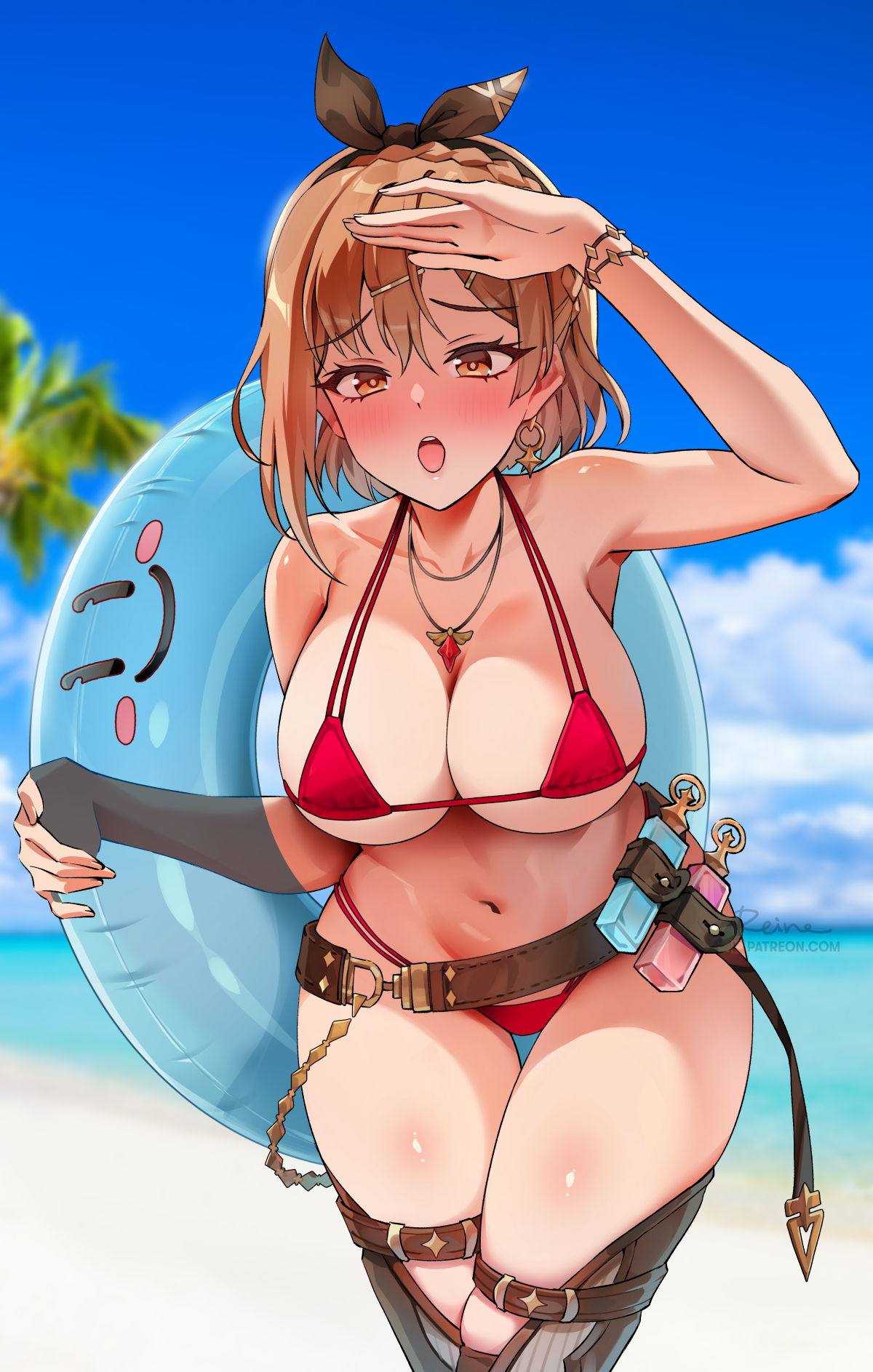 1girls, atelier (series), atelier ryza, bikini, blush, braid, breasts, brown eyes, brown hair, cleavage, female, floatie, foxy rain (foxyreine), foxyrain (foxyreine), foxyreine, huge breasts, innertube, large breasts, leaning forward, light skin, light-skinned female, outdoors, red bikini, reisalin stout, ribbon, short hair, thick thighs, thigh gap, thunder thighs, wide hips