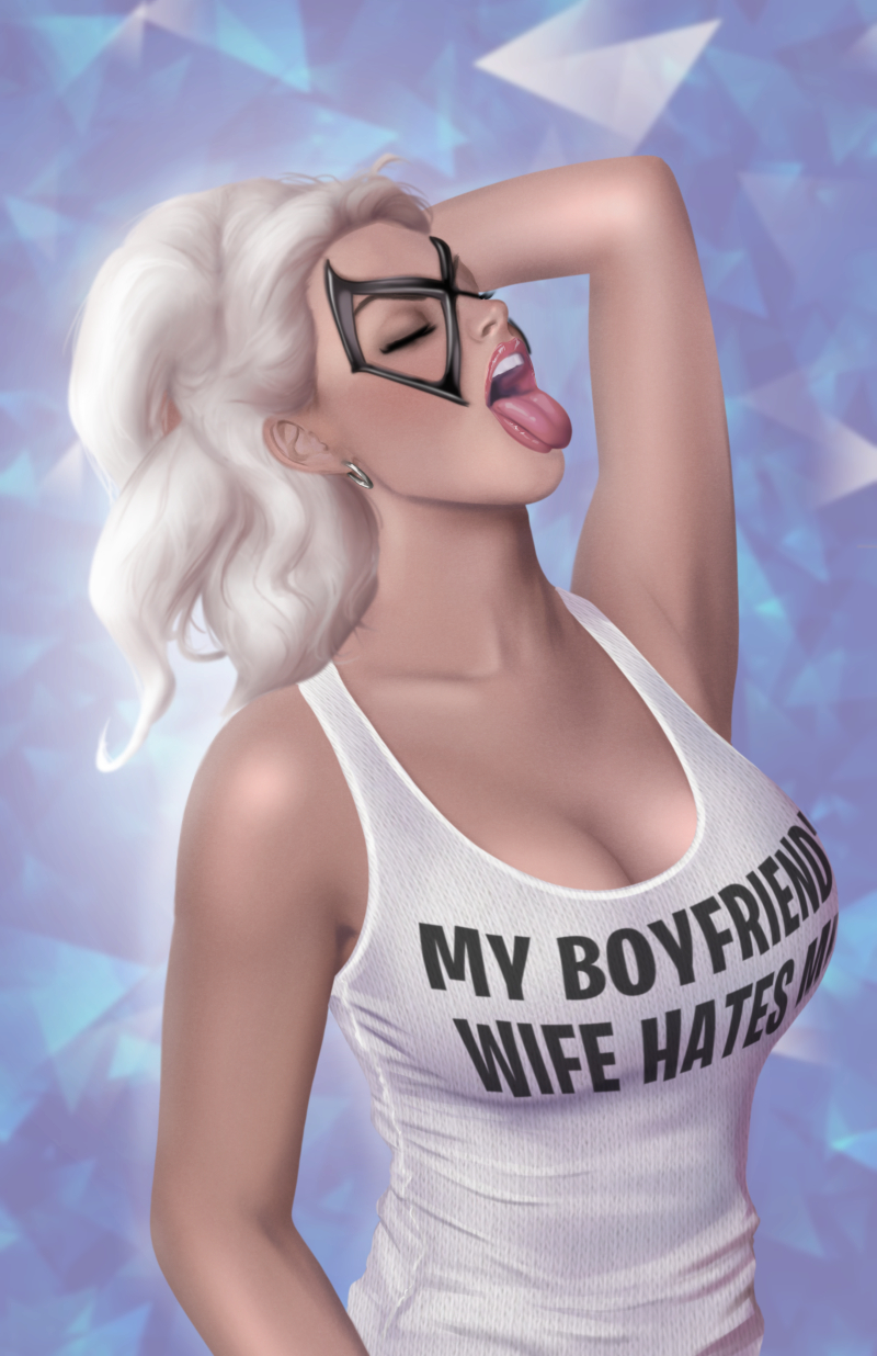 1girls, 2d, armpits, arms up, big breasts, black cat (marvel), breasts, cleavage, earrings, english text, eyelashes, eyeliner, eyes closed, felicia hardy, female, female only, gan (artist), implied cheating, large breasts, marvel, marvel comics, mask, masked, masked female, open mouth, sexy, spider-man (series), tank top, text, text on clothing, text on topwear, tongue, tongue out, white hair, white shirt, white tank top