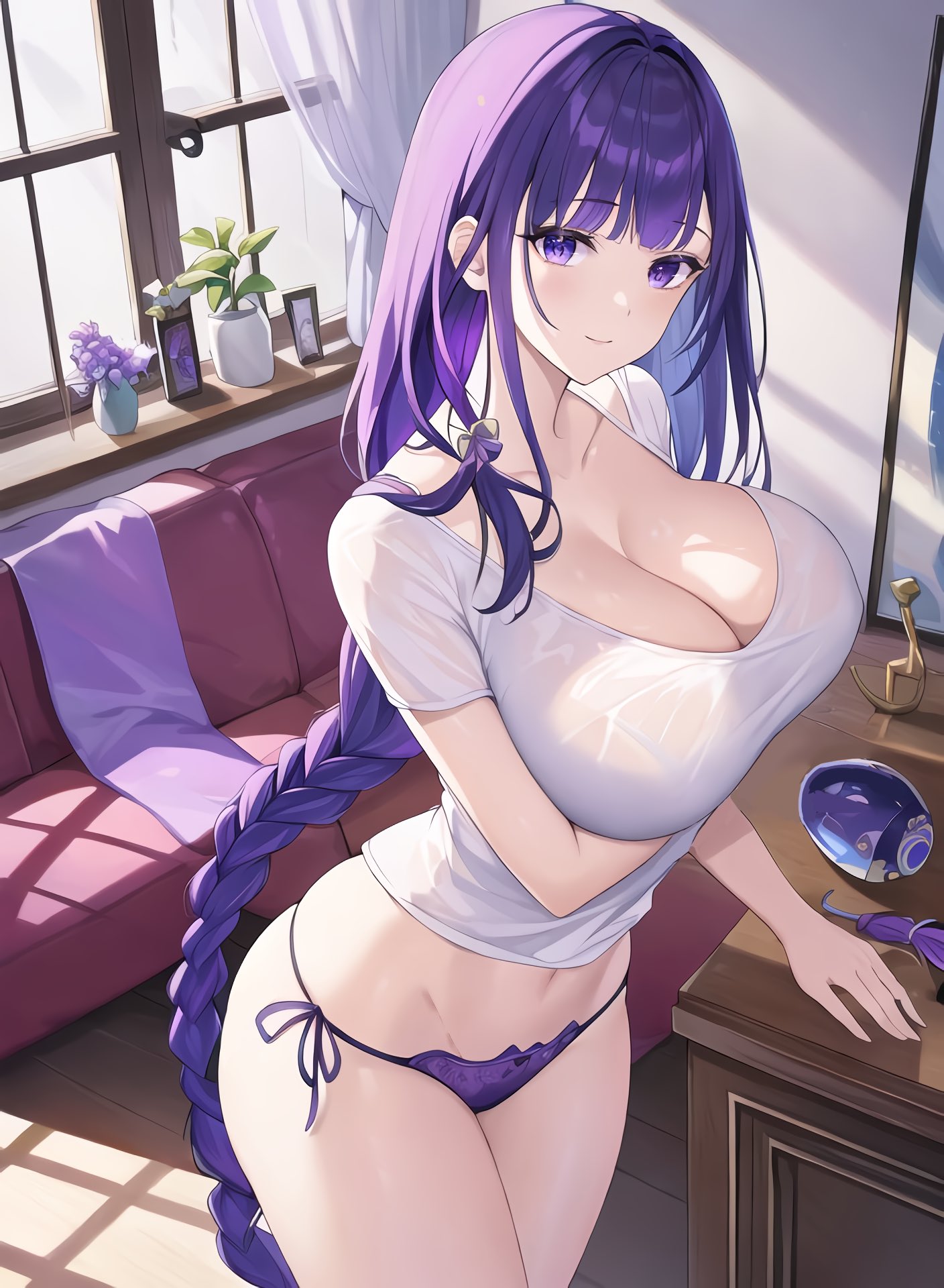 1girls, ai generated, braid, breasts, busty, cleavage, female, female only, genshin impact, large breasts, nai diffusion, panties, purple eyes, purple hair, raiden shogun, shirt, stable diffusion, underwear, white shirt
