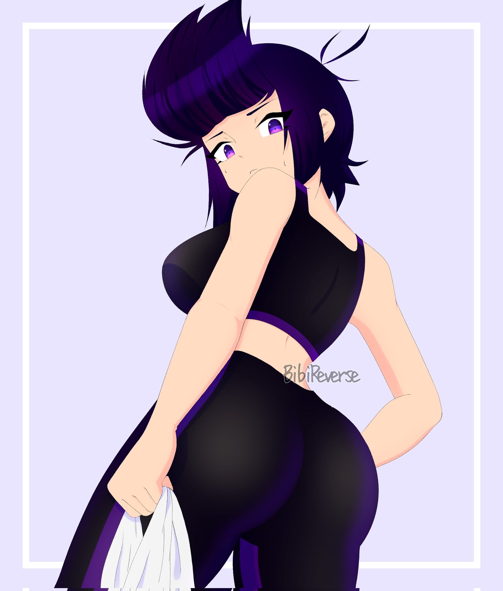 ass, bibi (brawl stars), bibireversensfw, brawl stars, breasts, female, gym clothes, leggings, looking back at viewer, purple eyes, purple hair, sideboob, sports bra, supercell, watermark