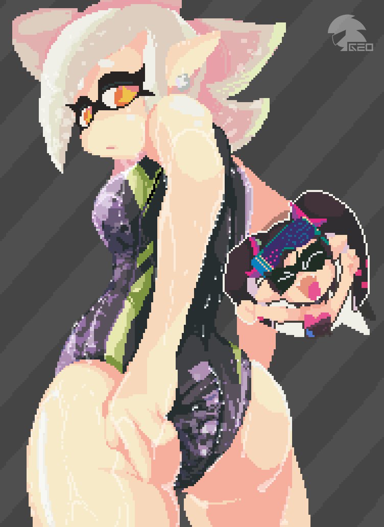 2girls adjusting_swimsuit black_one-piece_swimsuit black_swimsuit callie_(splatoon) female_only geoexe_(artist) marie_(splatoon) nintendo one-piece_swimsuit splatoon swimsuit wet wet_swimsuit