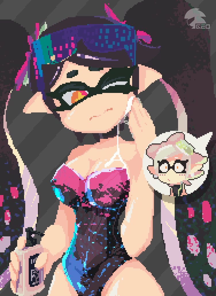 2girls callie_(splatoon) female_only geoexe_(artist) marie_(splatoon) nintendo one-piece_swimsuit splatoon strapless_swimsuit sunscreen swimsuit swimwear