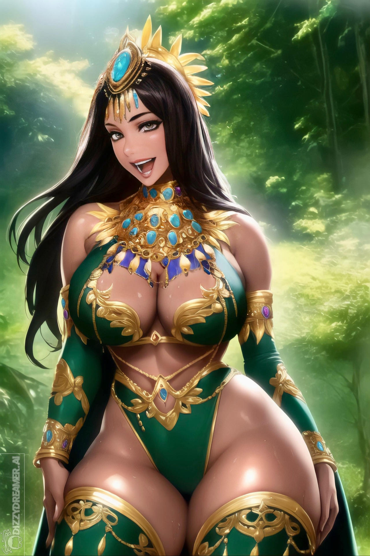 ai_generated bare_shoulders black_hair busty cleavage dizzydreamerai female_only forest gold_jewelry green_clothing jewelry large_breasts long_hair nature open_mouth original smile solo stable_diffusion thick_thighs thighhighs voluptuous