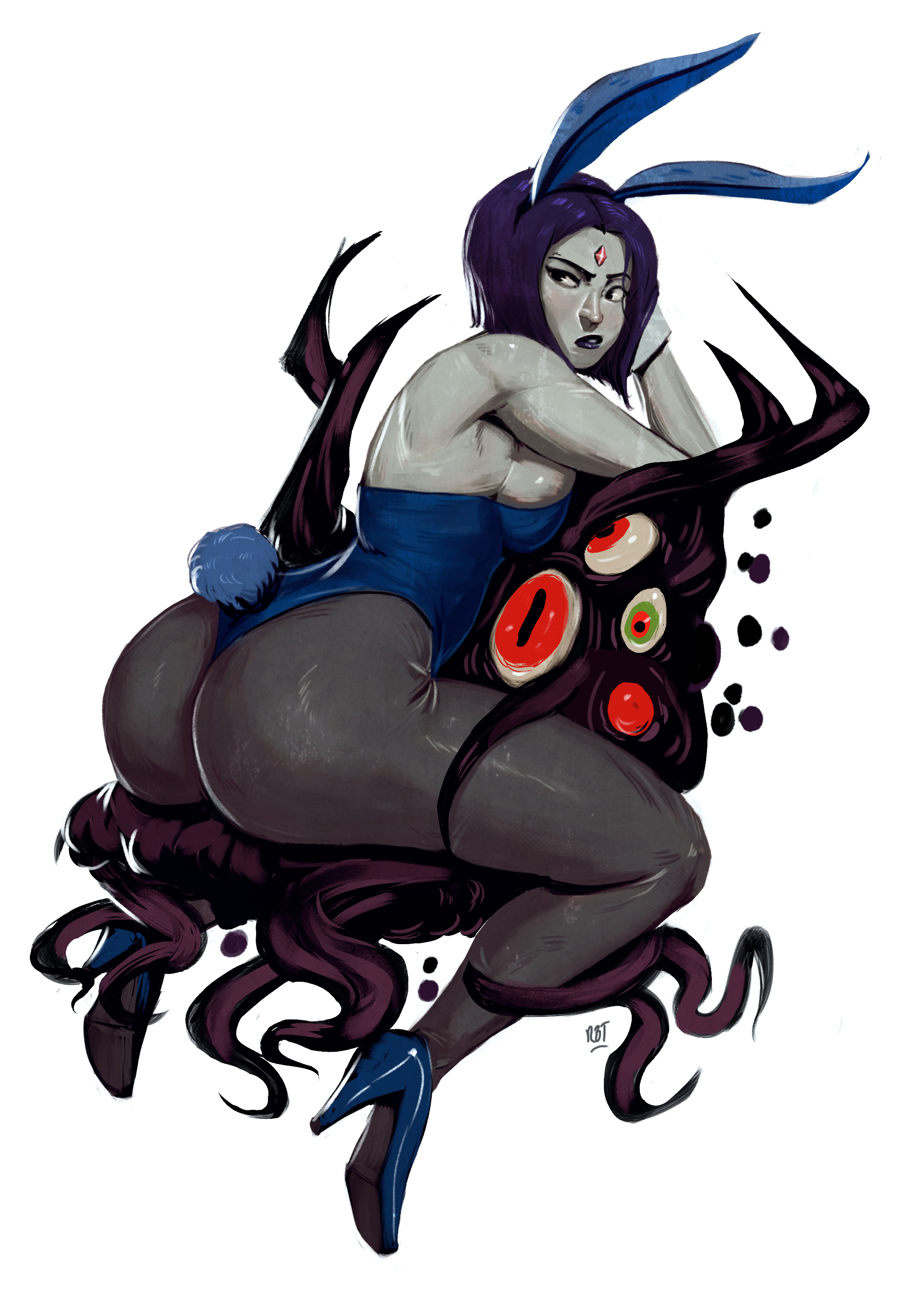 1girls, ass, ass focus, breasts, bunny ears, bunny tail, dc, dc comics, female, female only, fully clothed, hi res, high heels, higher resolution duplicate, leggings, leotard, lipstick, looking back, playboy bunny, purple hair, purple lipstick, rachel roth, raven (dc), redblacktac, sideboob, solo, teen titans