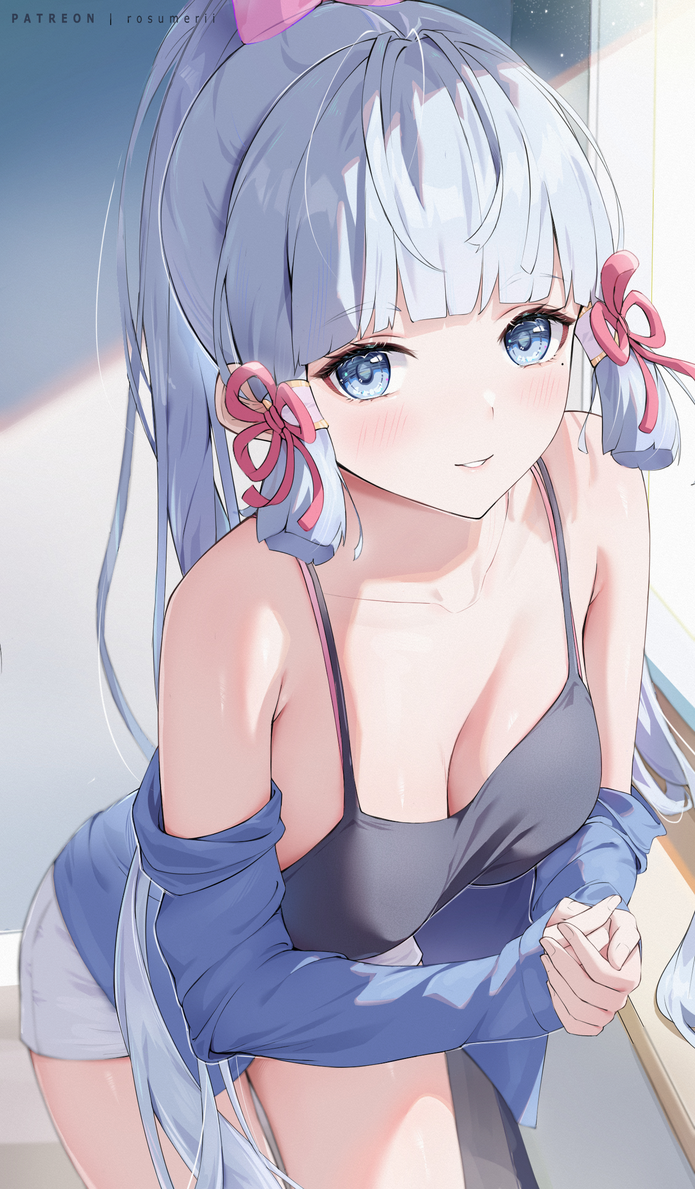 1girls, blue eyes, blue hair, breasts, casual, cleavage, cute, female, fully clothed, genshin impact, hi res, kamisato ayaka, large breasts, looking at viewer, rosumerii, shorts, smile, tank top