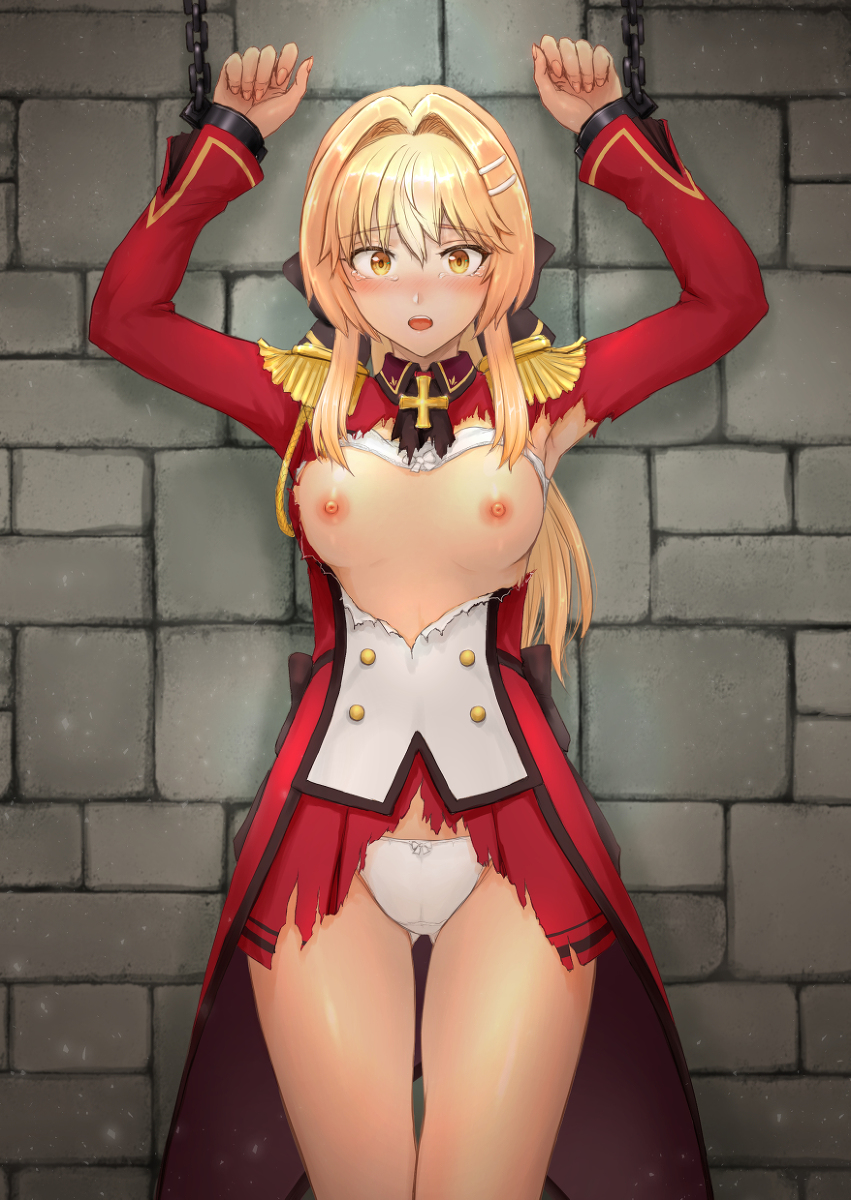 1girls blonde_hair blush breasts brick_wall chained chained_wrists crying crying_with_eyes_open eyebrows_visible_through_hair female female_focus female_only genjitsu_shugi_yuusha_no_oukoku_saikenki hair_ornament liscia_elfrieden nipples open_mouth panties ribbon sasagawa_iko solo solo_female solo_focus standing tagme torn_clothes white_panties yellow_eyes