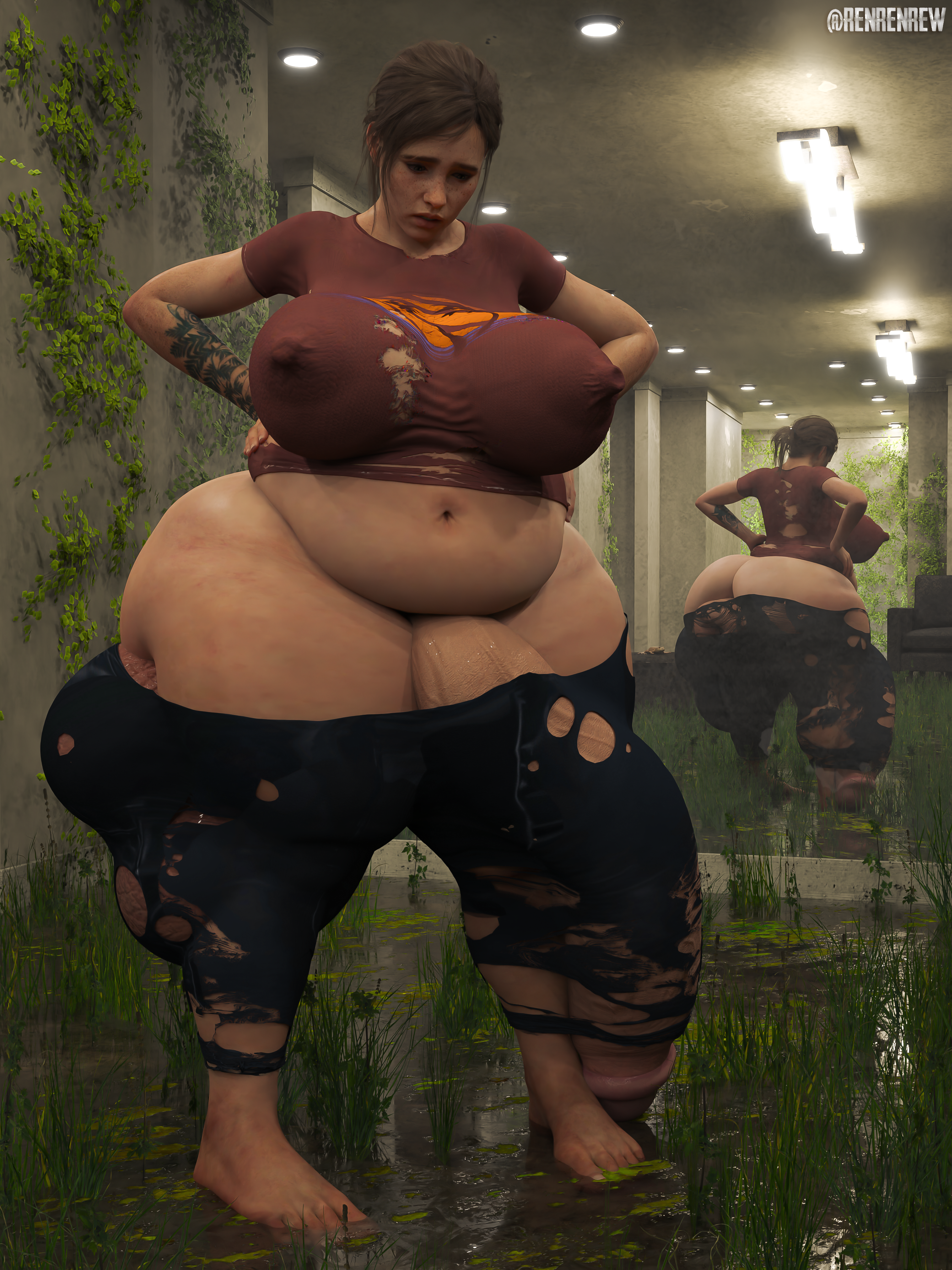 1futa, 3d, ass, ass cleavage, ass crack, balls, belly button, big belly, bulge, bulge through clothing, butt crack, chubby, clothed, clothes ripping, ellie (the last of us), ellie williams, futa only, futanari, hands on hips, human, hyper, hyper balls, hyper penis, intersex, leggings, legwear, naughty dog, nipple bulge, pale skin, penis, renrenrew, the last of us, the last of us 2, thick thighs, tight clothing, too small clothes, topwear