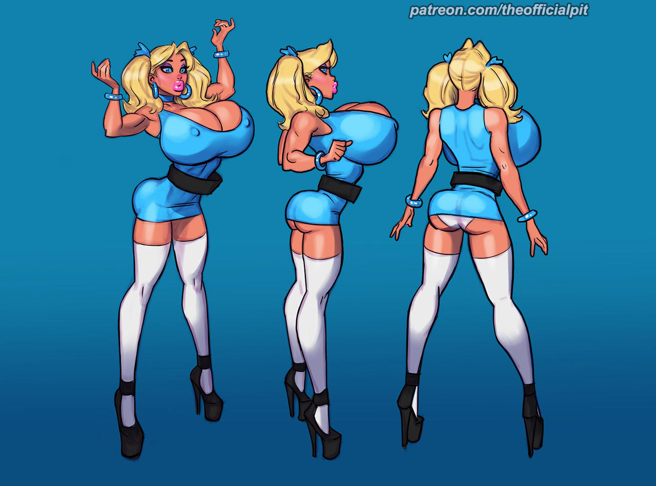 1girls, aged up, back view, big breasts, bimbo, blonde hair, bracelet, breasts, bubbles (powerpuff girls), character profile, character sheet, dress, eyeshadow, female, female focus, female only, high heels, hoop earrings, lipstick, makeup, nipple bulge, panties, platform heels, pokies, powerpuff girls, short dress, side view, solo, straight hair, theofficialpit, thighhighs