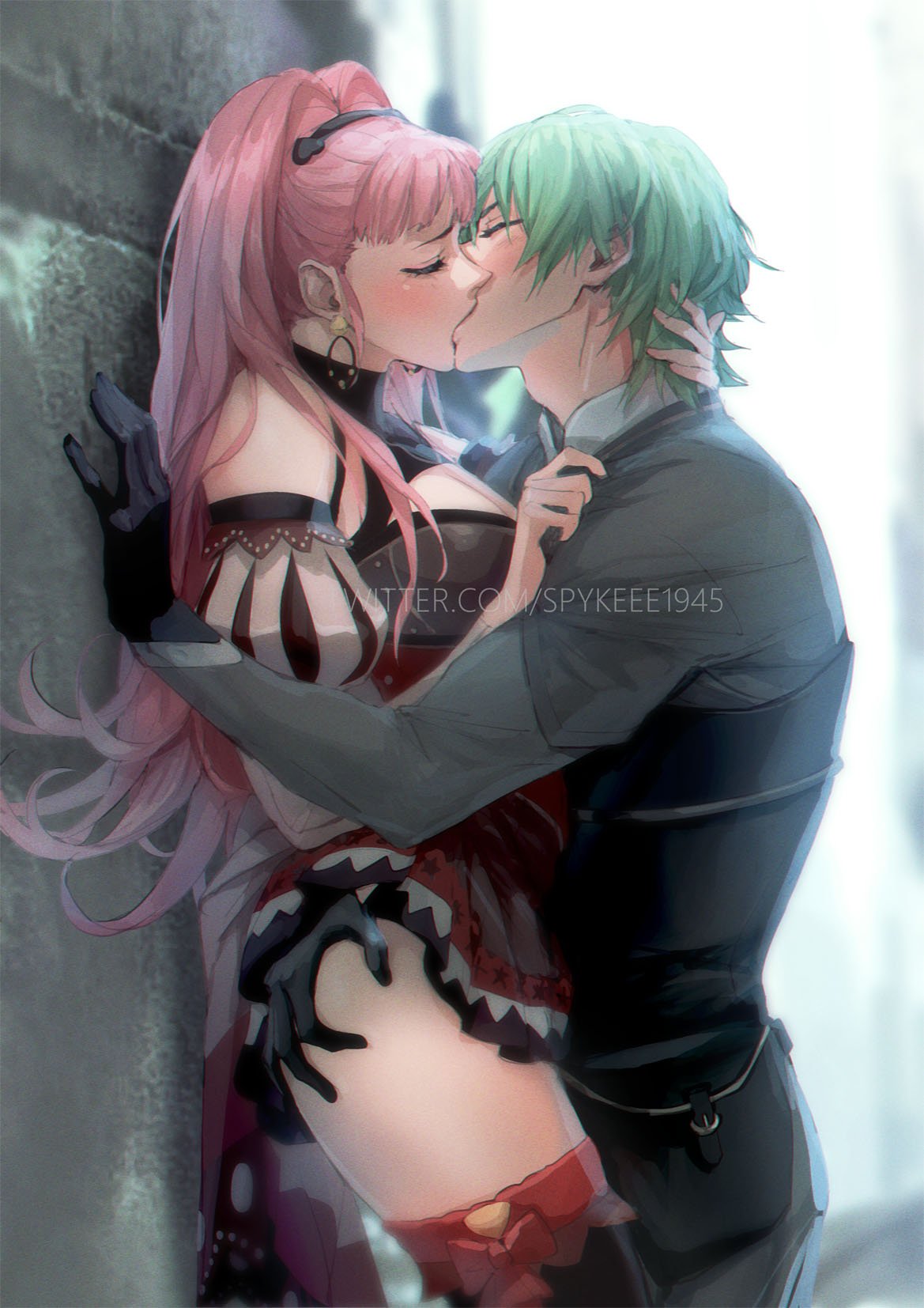 1boy 1girls against_wall ass ass_grab bare_shoulders big_ass black_gloves breasts byleth_(fire_emblem) byleth_(fire_emblem)_(male) cleavage cleavage_cutout clothing_cutout couple enlightened_byleth_(male) female female fire_emblem fire_emblem:_three_houses gloves green_hair groping hair_intakes hand_on_wall highres hilda_valentine_goneril kissing long_hair male medium_breasts nintendo pink_hair puffy_sleeves spykeee thighhighs thighs twintails twitter_username watermark