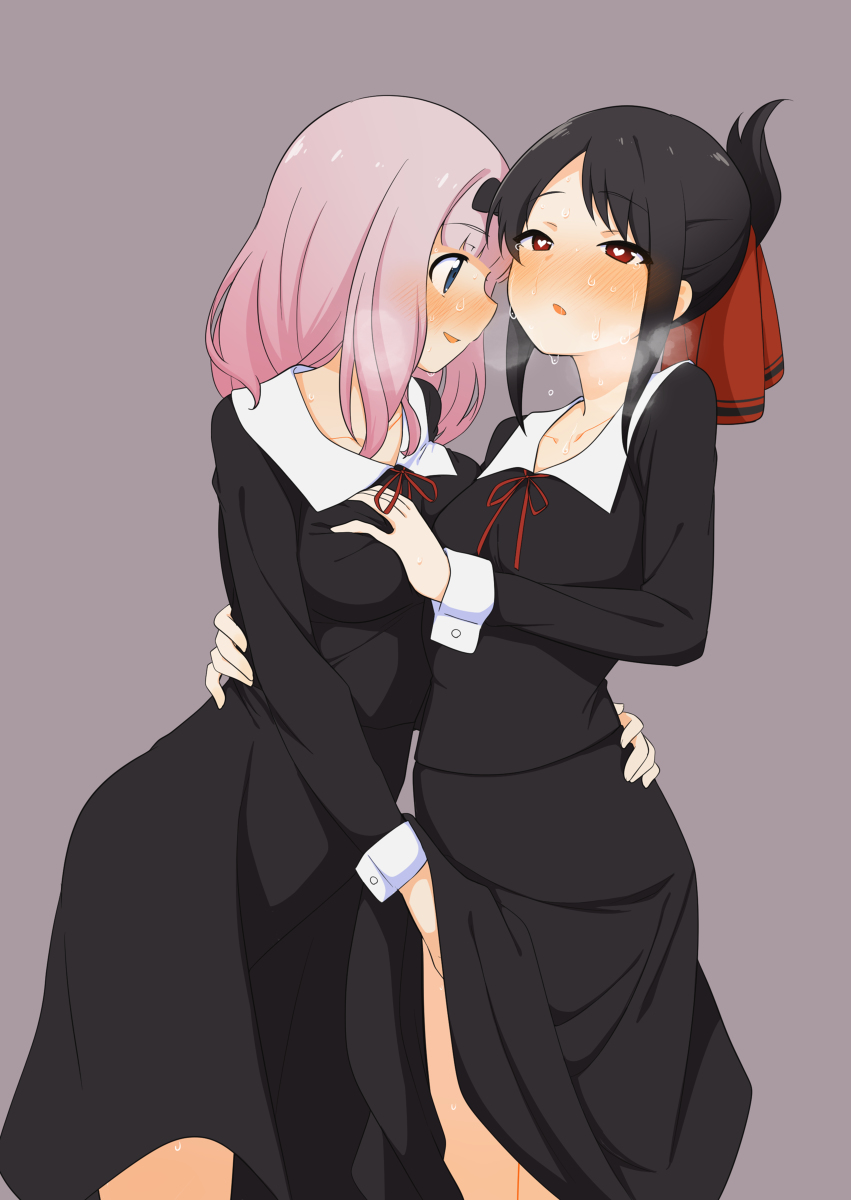 2girls, asymmetrical docking, black hair, blue eyes, blush, breast grab, breasts, dress, dress lift, female, female only, fingering, fujiwara chika, hand under clothes, human, kaguya-sama wa kokurasetai ~tensai-tachi no renai zunousen~, large breasts, lesbian sex, luke (artist), masturbating other, masturbation, multiple females, multiple girls, pink hair, red eyes, school uniform, shinomiya kaguya, symbol-shaped pupils, yuri