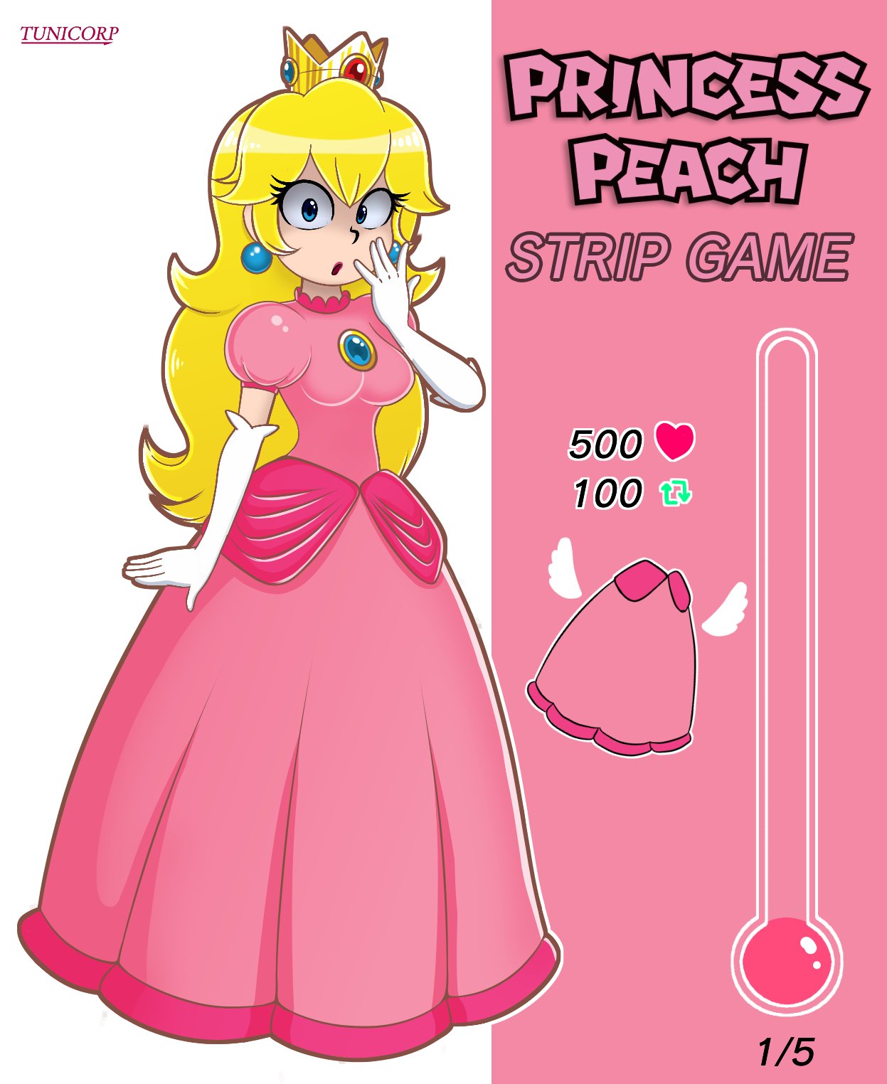 1girls armwear blonde_hair blue_eyes crown dress earrings english_text female light-skinned_female light_skin lipstick long_hair mario_(series) nintendo pink_dress princess princess_dress princess_peach solo solo_female strip_game super_mario_bros. text tunicorp white_and_pink_background