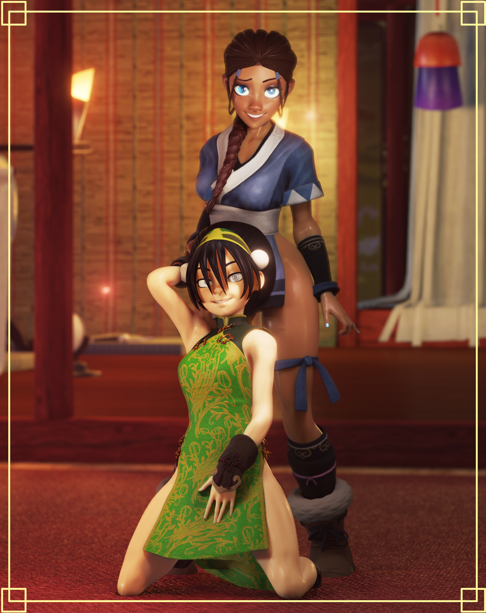 2girls, 3d, avatar the last airbender, blind, clothing, crisisbeat, double slit dress, dress, earth kingdom, female, female focus, female human, female only, fur trim, hair between eyes, hair bun, hair loopies, high slit dress, katara, long hair, looking at viewer, no panties, no panties under dress, ponytail, sideless dress, sideless outfit, slit dress, smaller female, smooth skin, thick thighs, toph bei fong, water tribe, wide hips