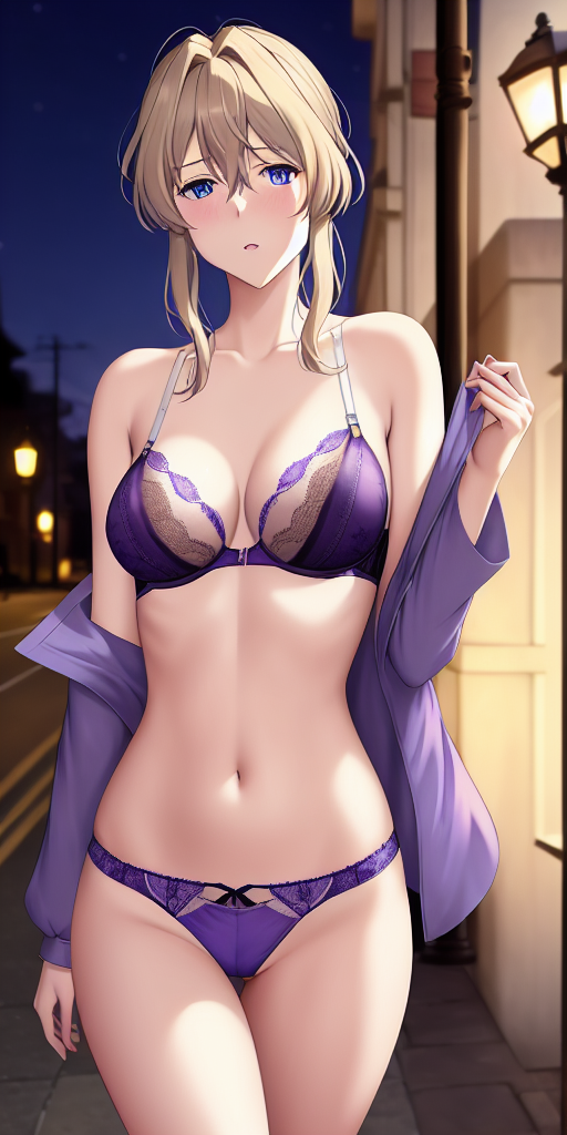 1girls ai_generated night open_bra stable_diffusion street violet_evergarden violet_evergarden_(character)