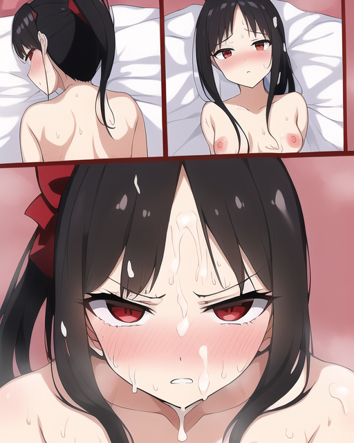 1girls, after sex, ai generated, alternate hairstyle, annoyed, black hair, blush, breasts, cum on face, disgusted, facial, female, female only, kaguya-sama wa kokurasetai ~tensai-tachi no renai zunousen~, looking at viewer, medium breasts, nai diffusion, nipples, nude, ponytail, shinomiya kaguya, stable diffusion