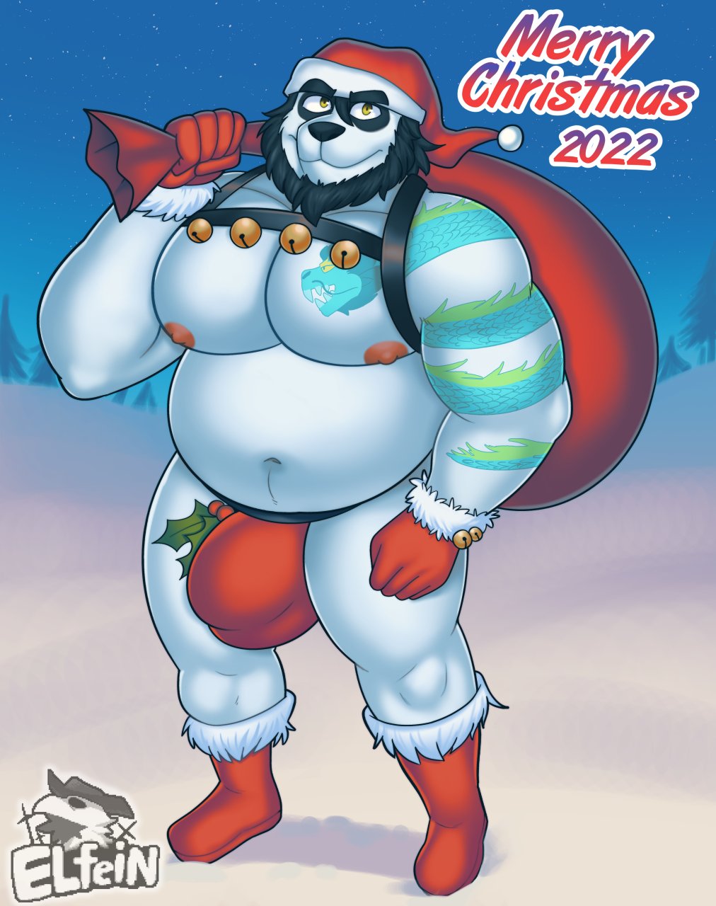 2022 anthro areola bear beard bell bell_harness belly biceps big_bulge biped boots bulge christmas christmas_clothing christmas_headwear clothing costume digital_media_(artwork) elfein english_text eyebrows facial_hair footwear fur giant_panda gloves handwear harness hat headgear headwear hi_res holidays jingle_bell jingle_bell_harness jockstrap male mammal musclegut muscular muscular_anthro muscular_male nipples overweight overweight_anthro overweight_male pecs richard_(pandad) sack santa_costume santa_hat solo standing tattoo text thick_thighs underwear white_body white_fur