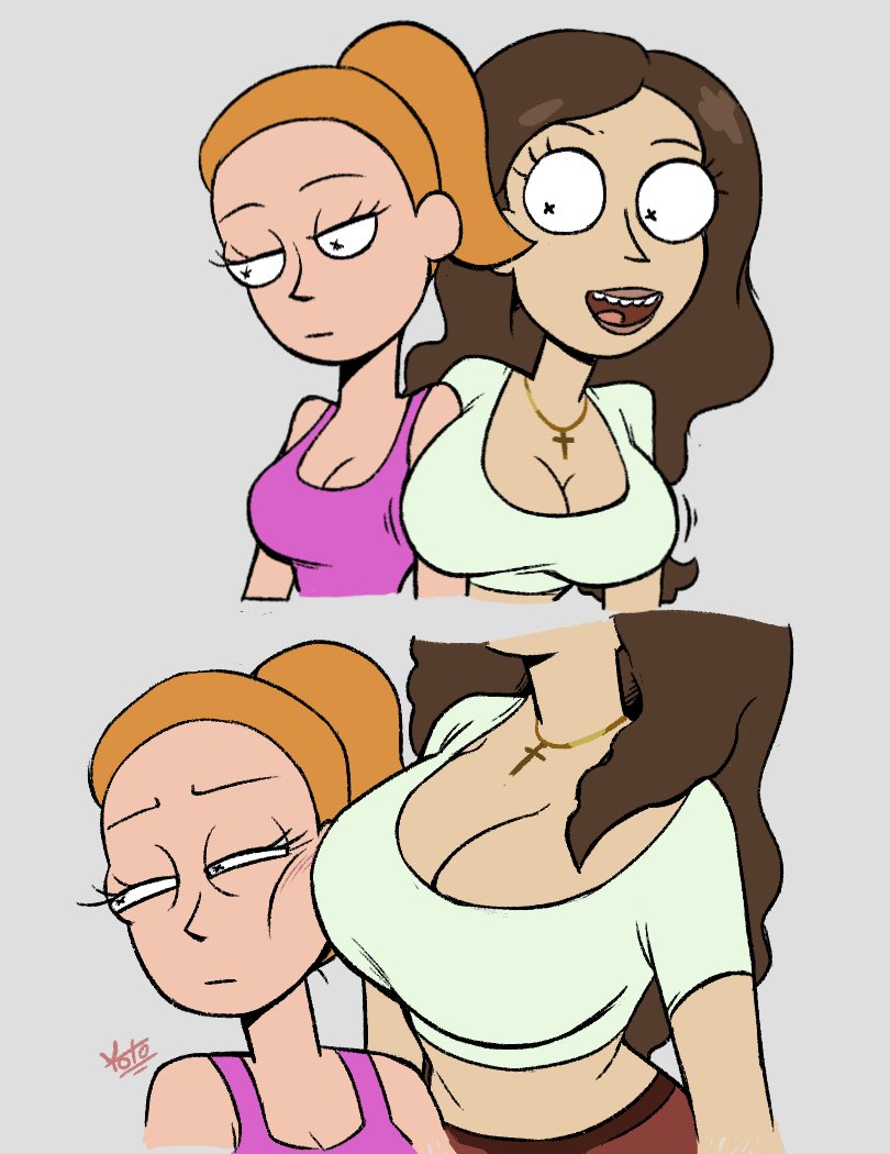 2022 2girls big_breasts breast_envy breast_size_difference breasts cleavage female female_only light-skinned_female light_skin rick_and_morty summer_smith tricia_lange yotomoe