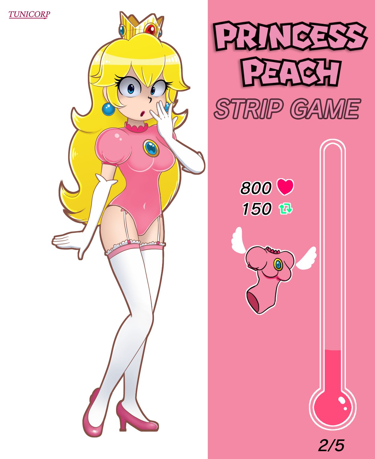 1girls armwear blonde_hair blue_eyes crown earrings english_text female garter_straps heels legwear light-skinned_female light_skin lipstick long_hair mario_(series) nintendo princess princess_peach solo solo_female strip_game super_mario_bros. text tunicorp white_and_pink_background