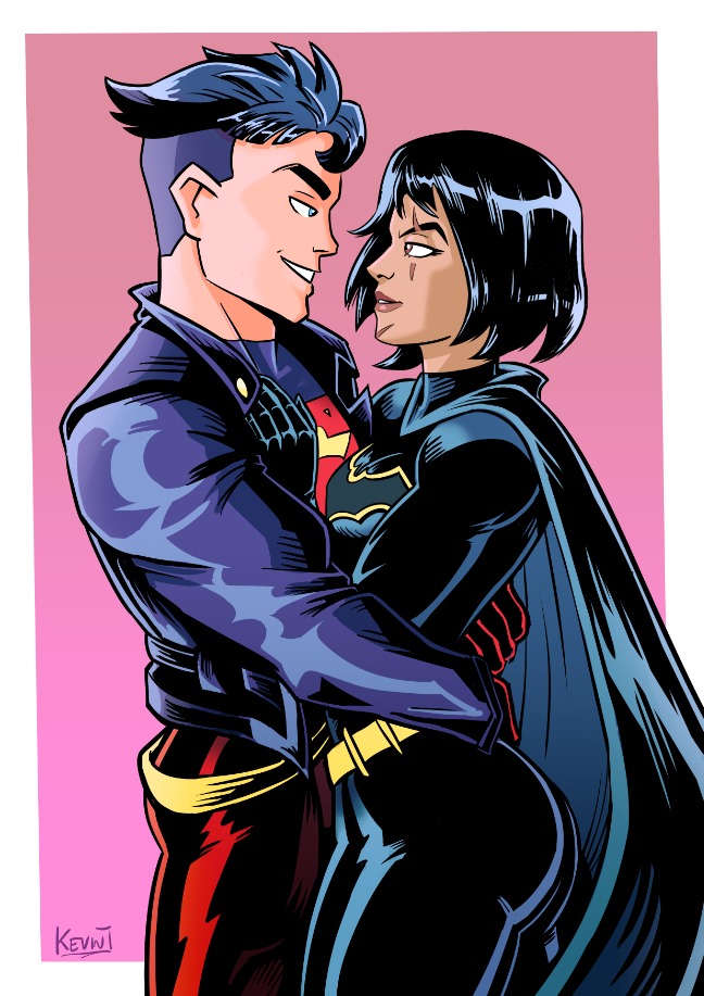 1boy 1boy1girl 1girls asian asian_female ass batgirl batgirl_(cassandra_cain) batman_(series) big_ass blue_eyes cape cassandra_cain conner_kent couple dc dc_comics female fully_clothed gloves happy hip_grab hips kevintrentin kon-el large_ass light-skinned_male male male/female romantic romantic_couple scar scars short_hair smile straight superboy superhero superheroine superman_(series) touching_hip wide_hips