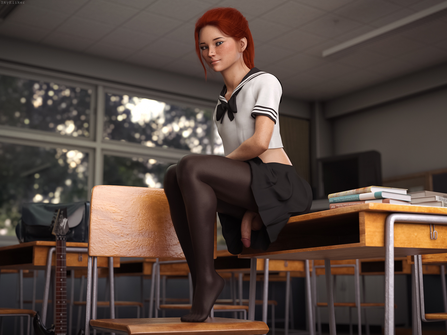 1boy, 3d, 3d (artwork), blue eyes, classroom, clothed, cock-tail, cute male, exhibition, exhibitionism, exhibitionist, exposed, feet, femboy, femboy only, flaccid, flaccid penis, ginger, jessie (skykliker), male, male only, no panties, nose piercing, original, original character, pantyhose, penis, penis under clothes, public, public exposure, public nudity, red hair, sailor uniform, school uniform, skirt, skykliker, solo, trap