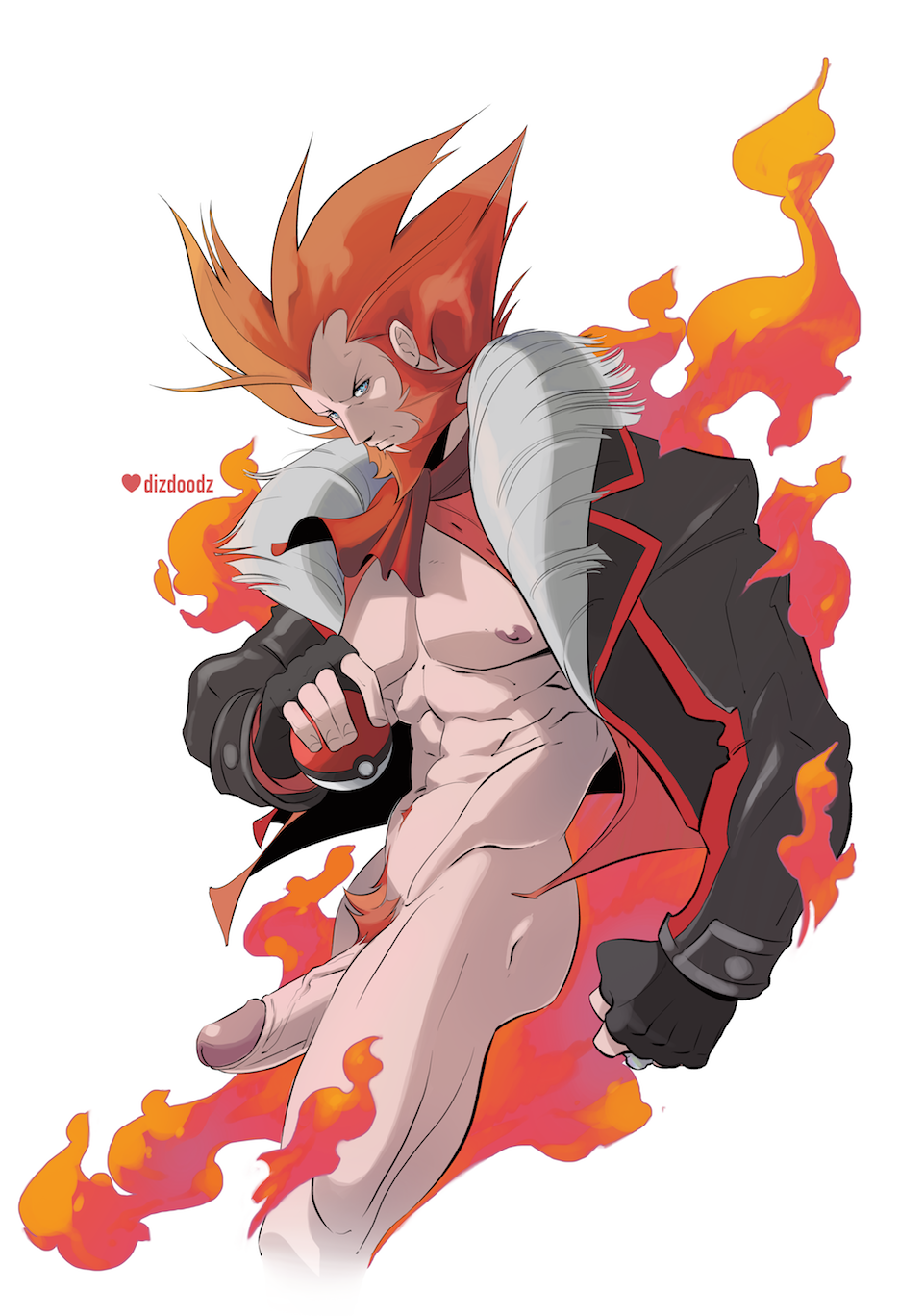 balls bara beard big_penis boner dizdoodz erection facial_hair lysandre_(pokemon) male male_only muscles nintendo open_jacket orange_hair pantsless penis pokemon pokemon_xy solo solo_male team_flare