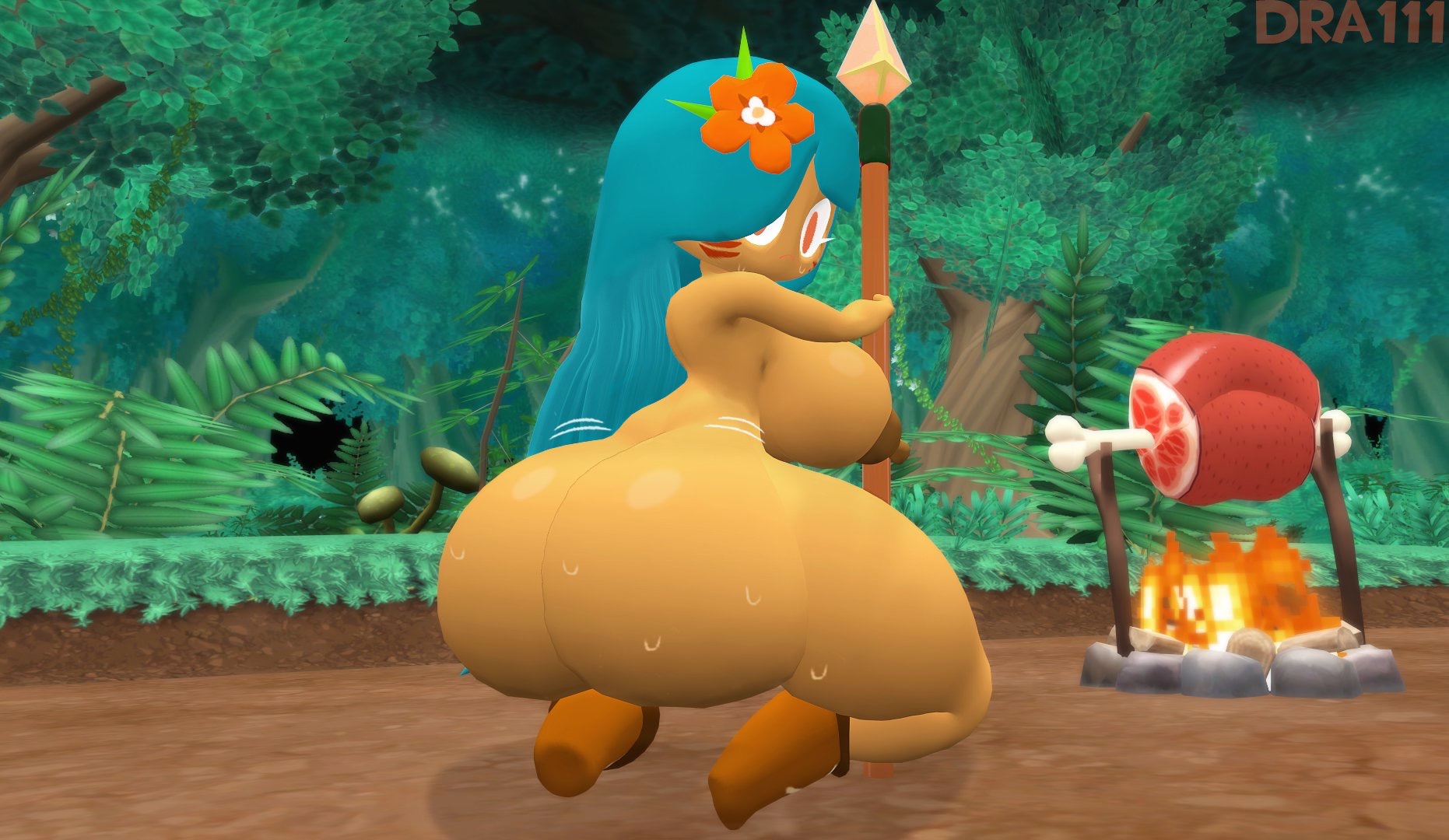 1girls, 3d, artist name, ass, big breasts, breasts, cookie run, crouching, dra111 (artist), dragon316, fat ass, female, fire, flower, flower in hair, frown, jungle, long hair, meat, nude, sfm, sfm (cookie run), shaking ass, solo, source filmmaker, spear, sweat, sweaty ass, tagme, teal hair, tiger lily cookie, twerking, weapon