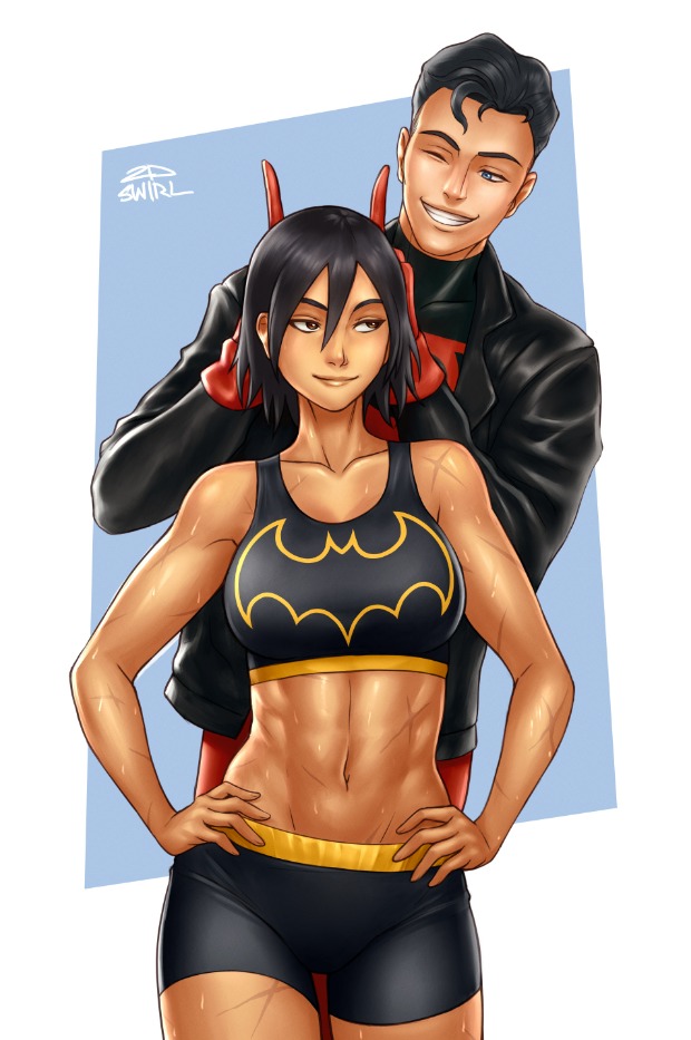 1boy 1boy1girl 1girls 2dnsfw 2dswirl abs asian asian_female batgirl batgirl_(cassandra_cain) batman_(series) blue_eyes cassandra_cain conner_kent couple crotch dc dc_comics female fit fit_female fully_clothed gloves happy joke joking kon-el kryptonian male male/female romantic romantic_couple scar scars short_hair smile smiley_face straight superboy superhero superheroine superman_(series) sweat sweating tight_clothes tight_clothing tight_pants tight_pussy wholesome