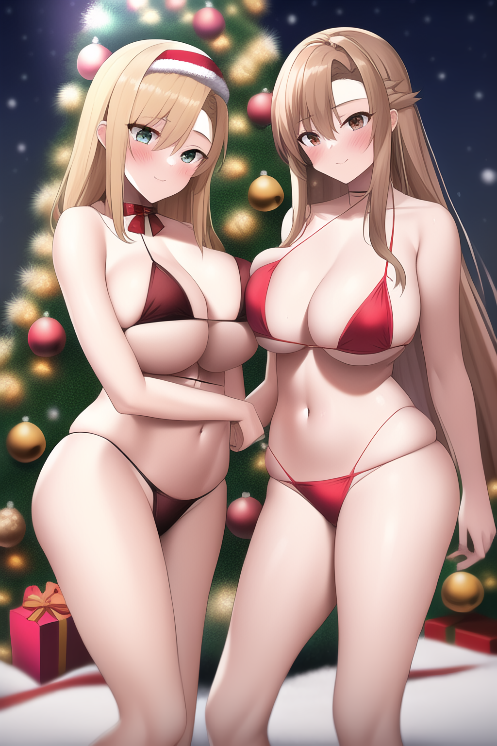 2girls, ai generated, alice zuberg, alluring, blonde hair, blue eyes, brown eyes, christmas, christmas ornaments, christmas tree, cleavage, female, nai diffusion, nightcore (artist), presents, stable diffusion, sword art online, sword art online: alicization, yuuki asuna
