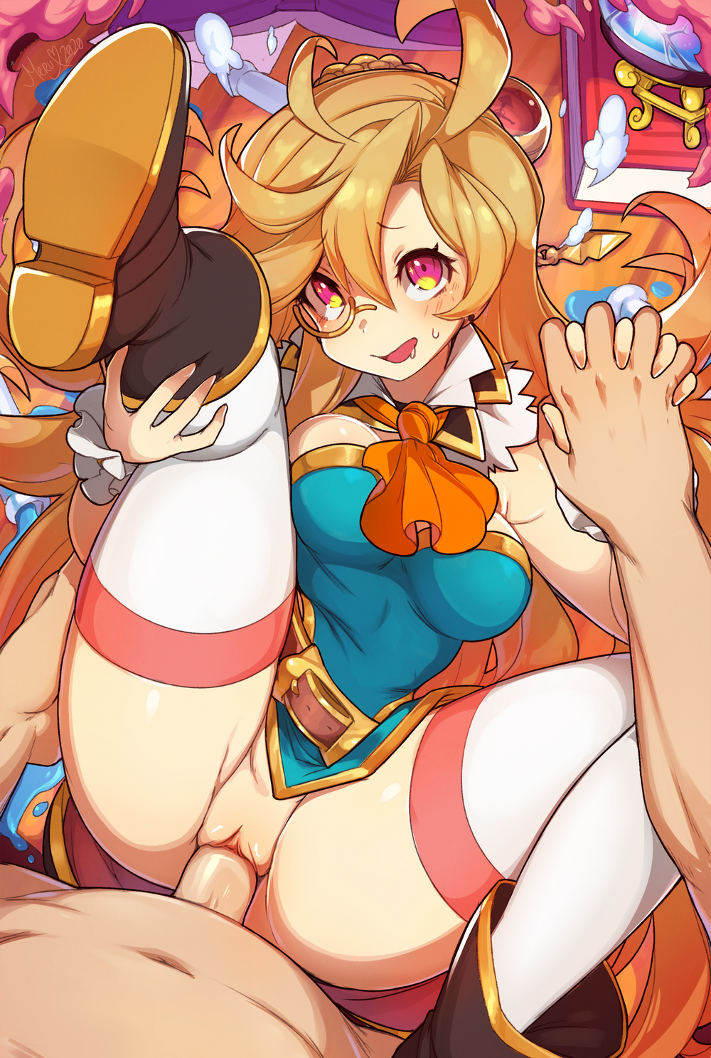 1boy 1girls :d artist_name ascot belt black_footwear blonde_hair blush book boots braid breasts brown_belt dragalia_lost female foot_out_of_frame green_shirt highres holding_hands knee_up large_breasts leg_up light-skinned_female light-skinned_male light_skin long_hair looking_at_viewer merunyaa monocle no_panties open_mouth orange_ascot penis pink_eyes pussy sex shiny shiny_skin shirt signature sinoa_(dragalia_lost) smile straight thighhighs vaginal_penetration white_thighhighs wrist_cuffs