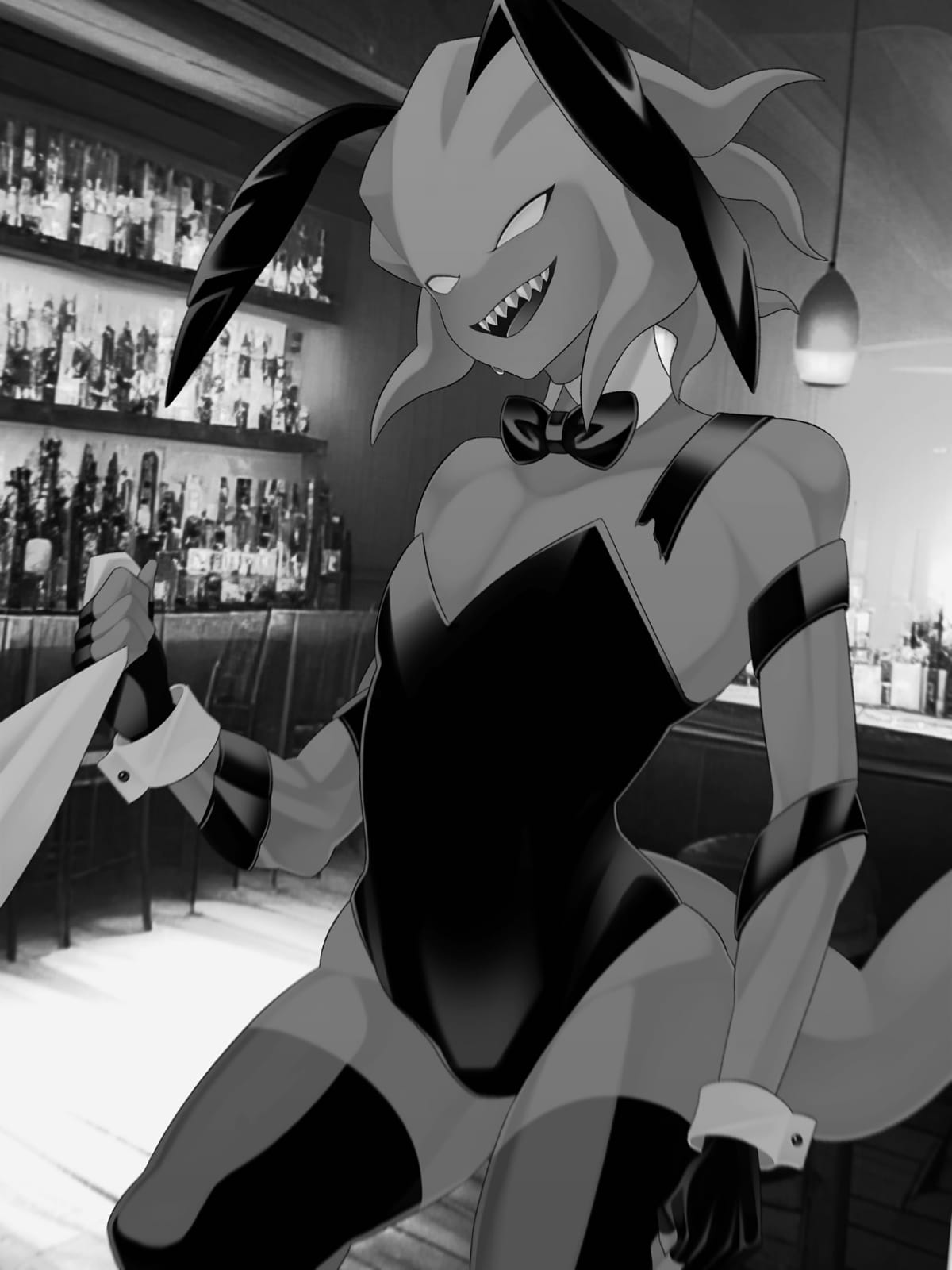 agoti_(sugarratio) anthro bar black_body bunny_ears bunnysuit crossdressing digidevil fnf_entity friday_night_funkin lizard_tail male_only no_pupils onimatatab open_mouth sharp_teeth smile stockings tentacle_hair white_eyes