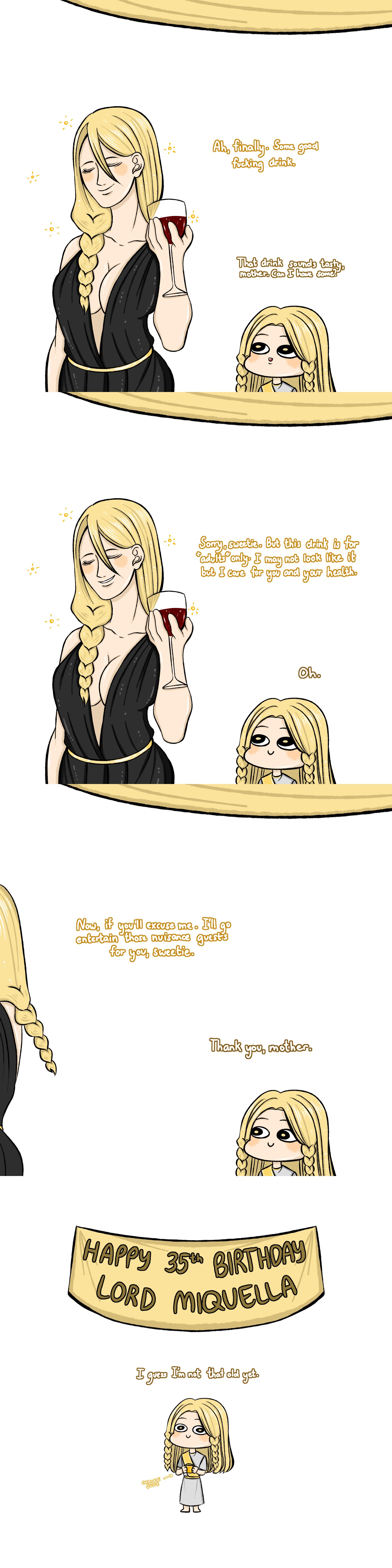 1girls, big breasts, breasts, cleavage, comic, elden ring, female, femboy, fromsoftware, funny, jowan, milf, miquella, mother and son, queen marika the eternal, wine