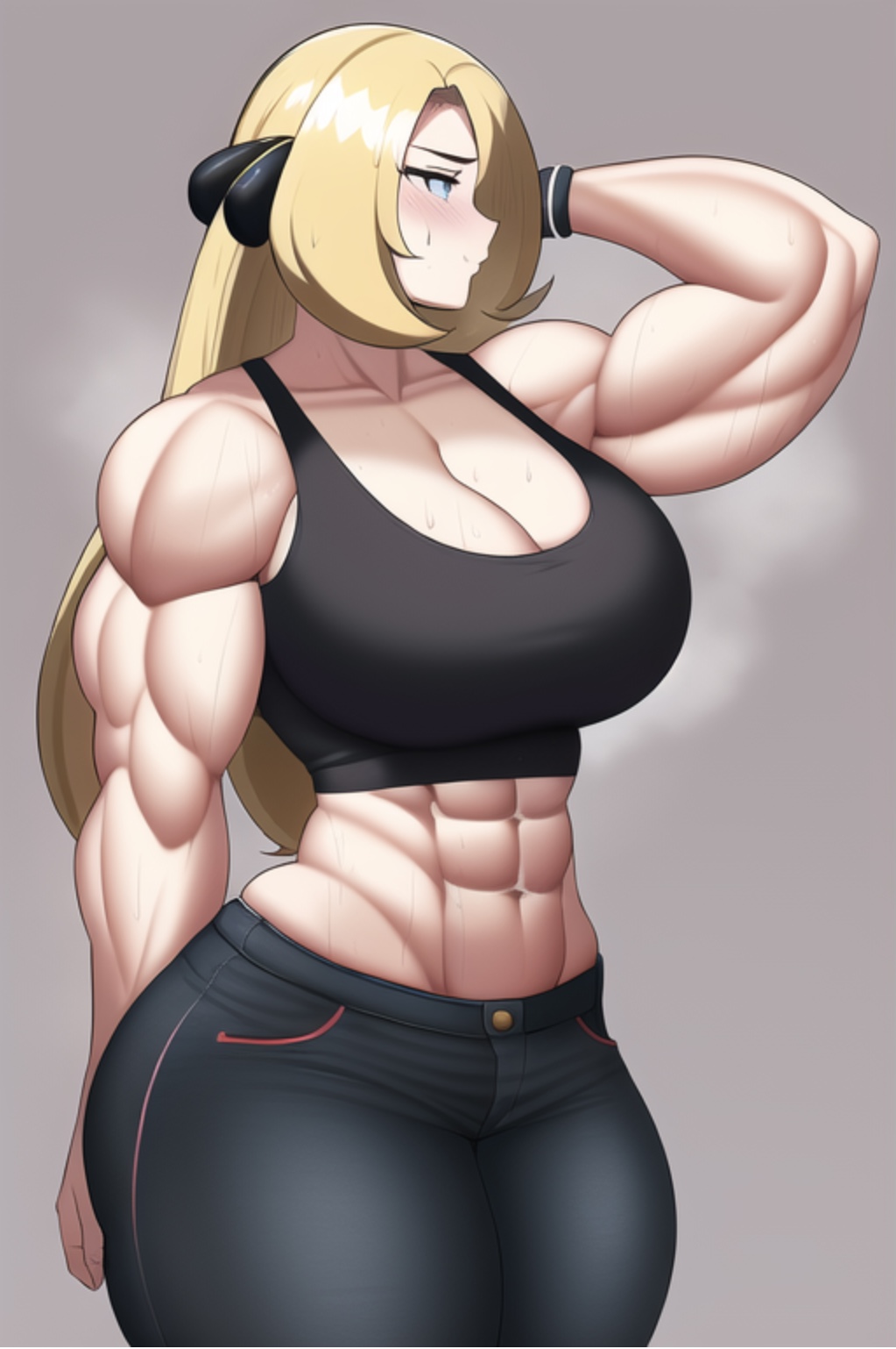 1girls, abs, ai generated, bare arms, bare midriff, bare shoulders, biceps, black tank top, blonde hair, blue eyes, blush, breasts, broad shoulders, cleavage, collarbone, crop top, cynthia (pokemon), deep cleavage, female, game freak, hair ornament, hair over one eye, huge breasts, large breasts, leggings, long hair, massive breasts, muscles, muscular, muscular arms, muscular female, nintendo, pixai, pokemon, pokemon dppt, stable diffusion, steam, steaming body, sweat, tank top, thick arms, thick thighs, thighs, tight clothing, tight fit, tight pants, toned, toned body, toned female, voluptuous, voluptuous female, wide hips, yoga pants