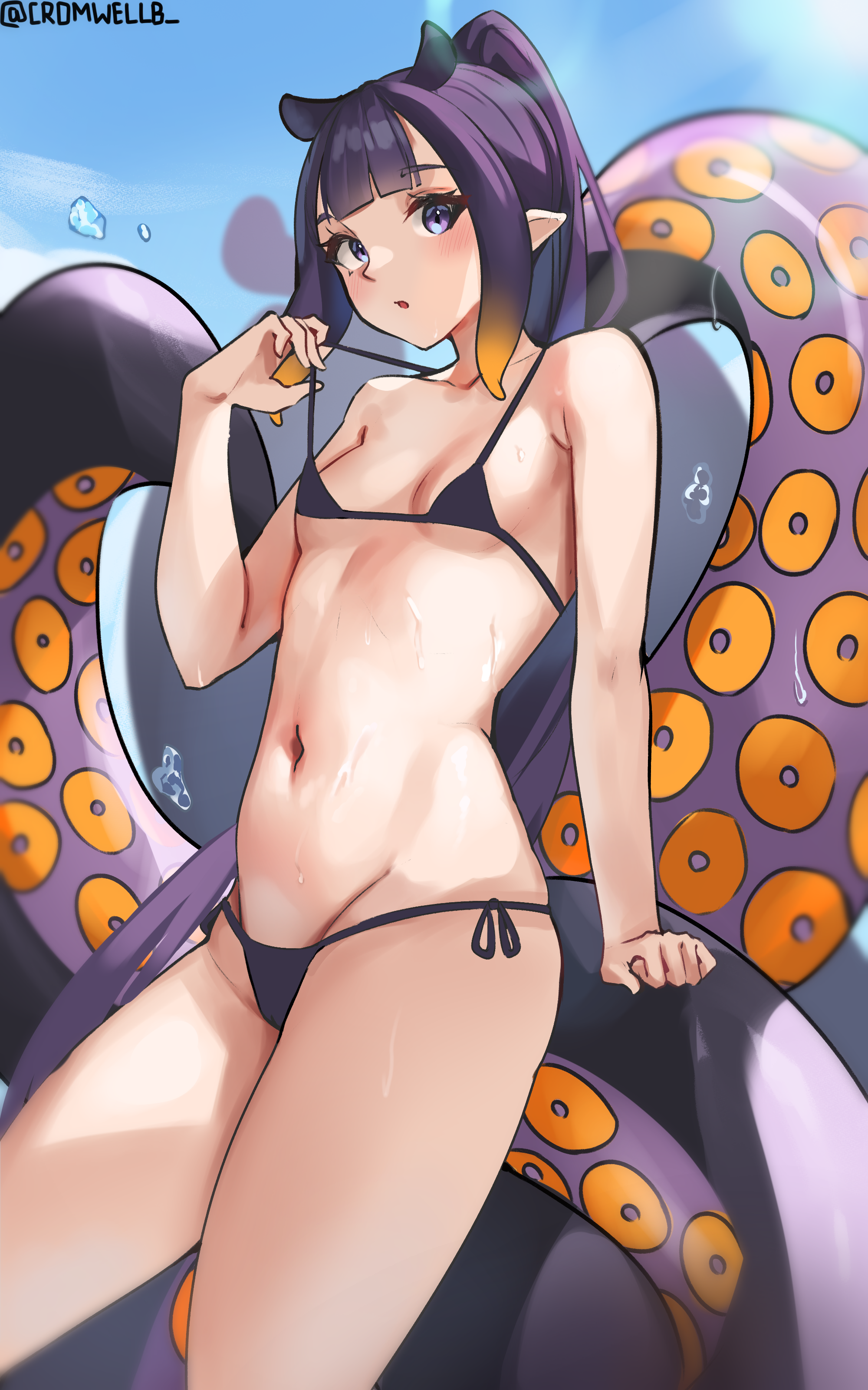 1girls, belly, belly button, bikini, black bikini, blue background, blue eyes, blush, blushing at viewer, breasts, collarbone, cromwellb, eyebrows visible through hair, female, female focus, female only, grey eyes, hip bones, hololive, hololive english, hololive myth, light skin, light-skinned female, long hair, looking at viewer, multicolored hair, ninomae ina'nis, orange hair, pale skin, pale-skinned female, pointy ears, purple bikini, purple eyes, purple hair, small breasts, swimsuit, tentacle, thick thighs, thighs, very long hair, virtual youtuber