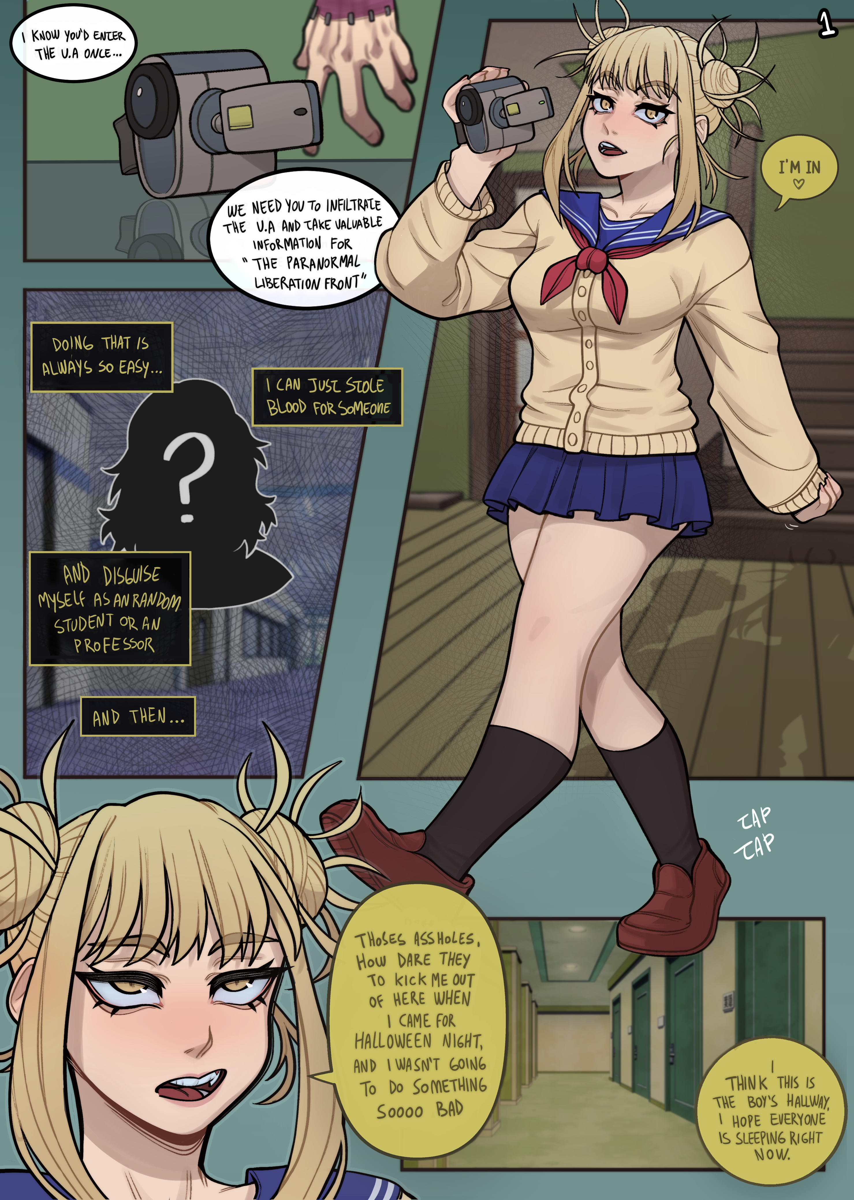 1girls, blonde hair, blonde-haired female, breasts, camera, comic, comic page, dabi, dialogue, english text, female, himiko toga, lilliamfeels, my hero academia, open mouth, page 1, skirt, small breasts, socks, speech bubble, student, sweater, thick thighs, todoroki touya, toga himiko, touya todoroki, uniform, villain, walking, yellow eyes