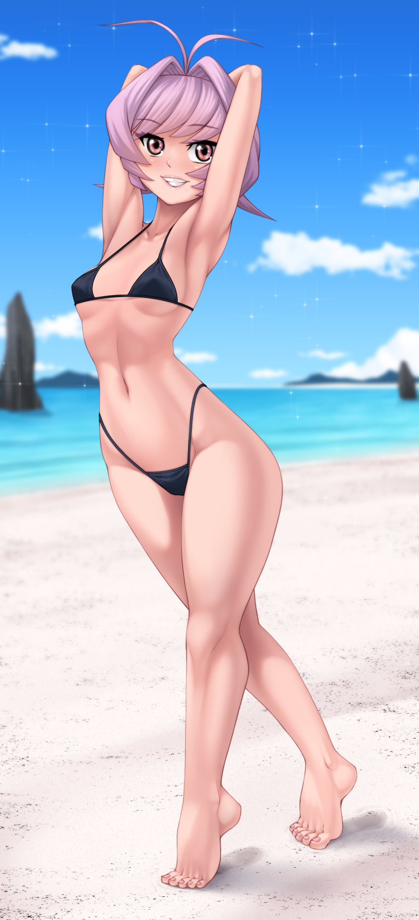 1girls, beach, beautiful smile, bikini, breasts, eye contact, female, female only, komi-san wa komyushou desu, light skin, looking at viewer, minishorts, osana najimi, purple eyes, purple hair, rocky-ace, rule 63, short hair, smile, smiling, smiling at viewer, solo, solo female, standing, thick thighs, thighs