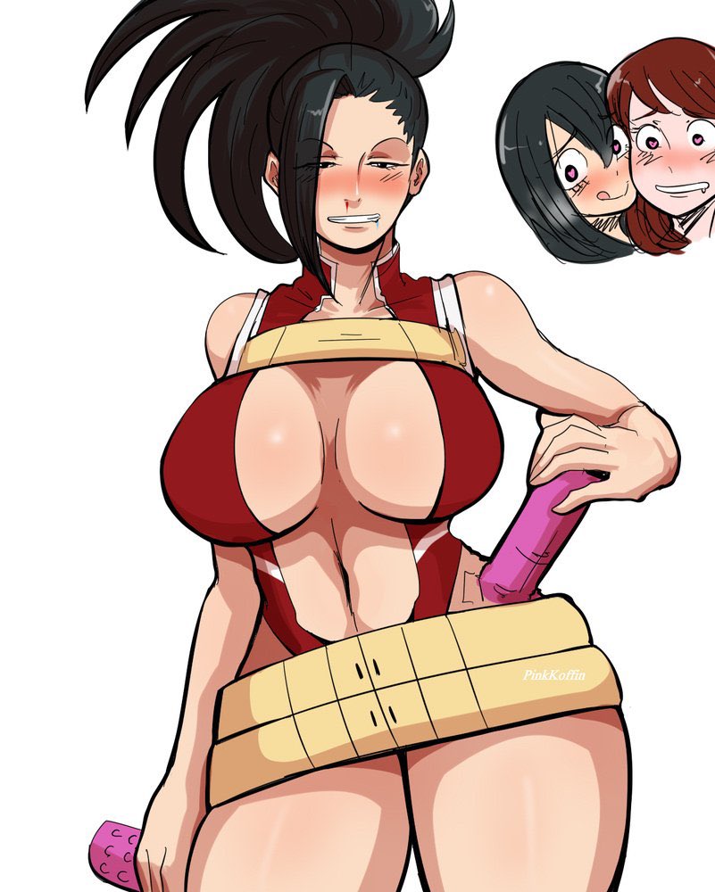 3girls, belly button, black hair, black-haired female, breasts, brown hair, cleavage, dildo, drooling, female, female pervert, heart-shaped pupils, hero outfit (mha), huge breasts, human, human female, imminent sex, imminent yuri, large breasts, leotard, licking lips, light skin, light-skinned female, long hair, momo yaoyorozu, momo yaoyorozu (hero outfit), my hero academia, nosebleed, ochako uraraka, pinkkoffin, ponytail, short hair, stomach, superheroine, threesome, tsuyu asui, wide hips, yuri