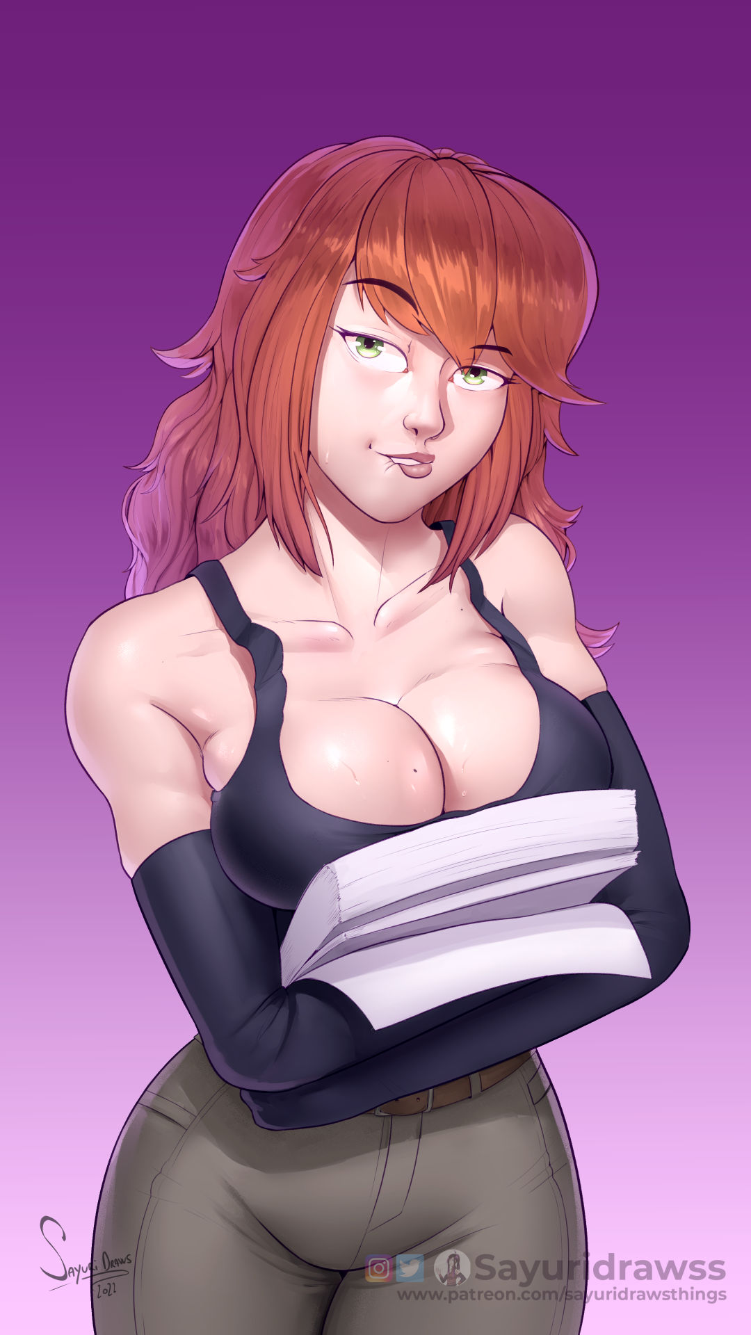 armwear big_breasts biting_lip breast_squeeze breasts cleavage commission fluffy_hair ginger_hair green_eyes inviting long_hair pov pov_eye_contact pressing_breasts_together sayuridrawsthings self_upload shiny_skin sole_female sweat sweatdrop tank_top