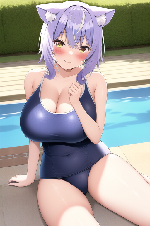 :), 1girls, 2022, ai generated, animal ear fluff, animal ears, bare shoulders, belly, big breasts, blush, breasts, cat ears, cat tail, cleavage, collarbone, eyebrows visible through hair, female, hololive, hololive gamers, hololive japan, large breasts, looking at viewer, nai diffusion, navel, nekomata okayu, one-piece swimsuit, pool, poolside, purple hair, smile, smiling, solo, stable diffusion, swimsuit, swimwear, thighs, virtual youtuber, yellow eyes