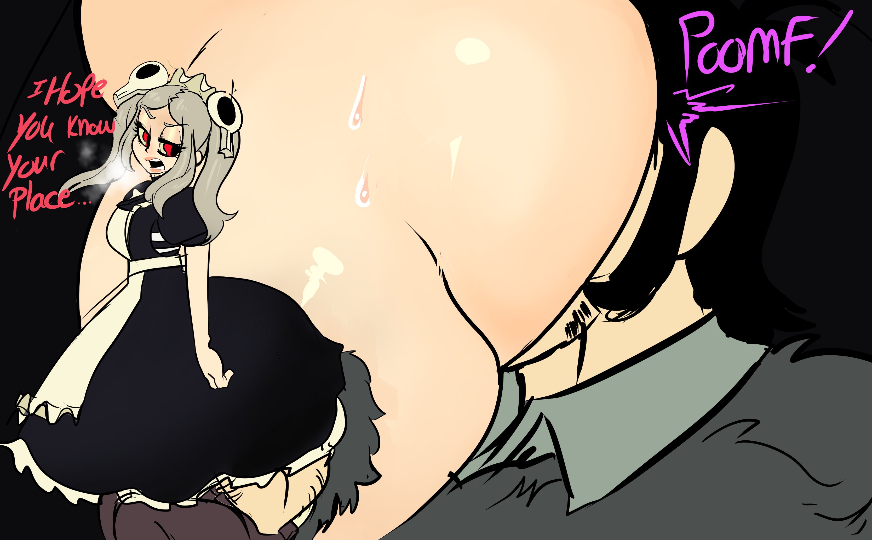 1boy, 1girls, ass, ass on face, beowulf (skullgirls), big ass, black hair, bloody marie, breasts, dialogue, english text, fat ass, female, huge ass, lemonadepikachu, maid, maid uniform, male, red eyes, size difference, skullgirls, smaller female, standing, text, thick thighs, thighs