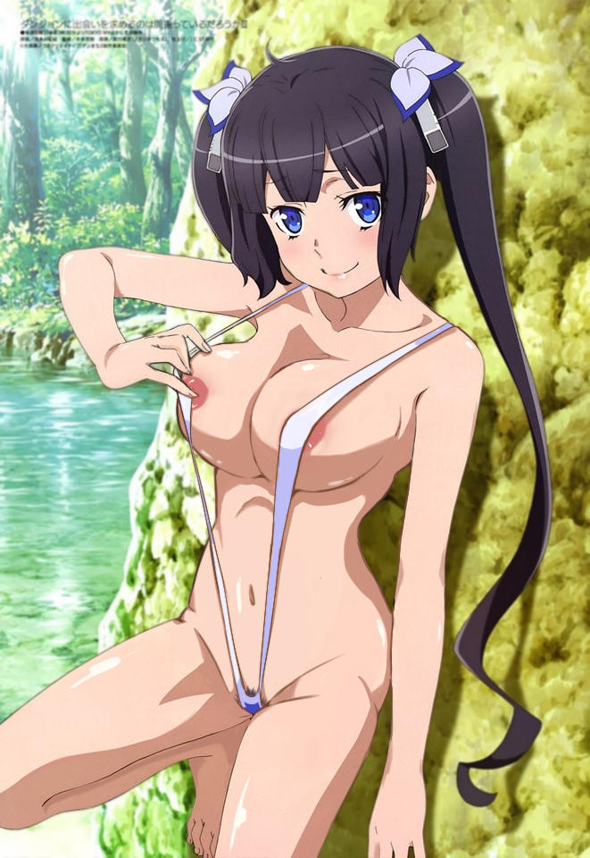 1girls, big breasts, bikini, breasts, dungeon ni deai wo motomeru no wa machigatteiru darou ka, female, female only, hestia (danmachi), hiyamizu yukie, looking at viewer, nude filter, pubic hair, sling bikini, slingshot bikini, slingshot swimsuit, third-party edit