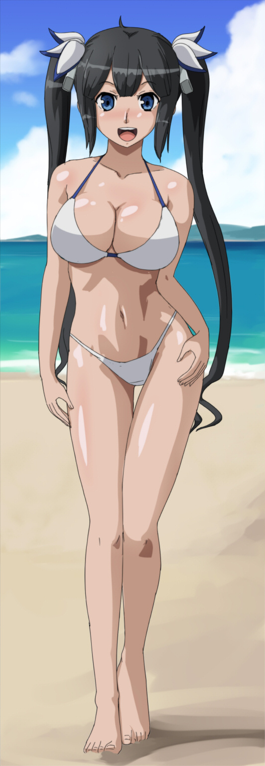 1girls beach big_breasts bikini black_hair blue_eyes breasts busty cleavage dungeon_ni_deai_wo_motomeru_no_wa_machigatteiru_darou_ka feet female female_only hand_on_hip hestia_(danmachi) highres large_breasts legs long_hair looking_at_viewer navel ocean open_mouth smile solo swimsuit thighs twintails voluptuous walking water wbd white_bikini