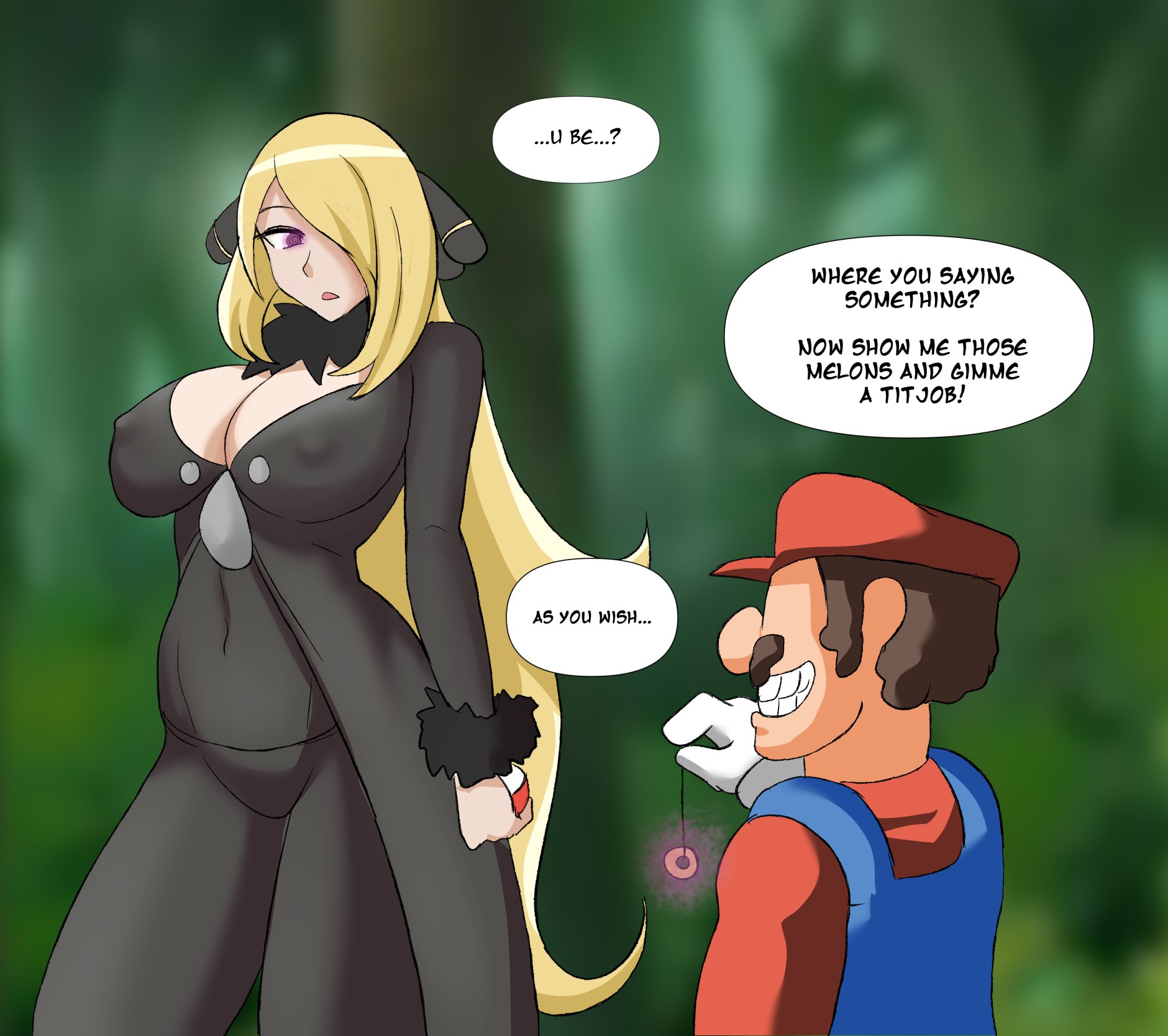 1boy, 1girls, abott95, crossover, cynthia (pokemon), english text, female, hypnosis, imminent rape, imminent sex, male, mario, mario (series), pendulum, pokemon, smaller male, text