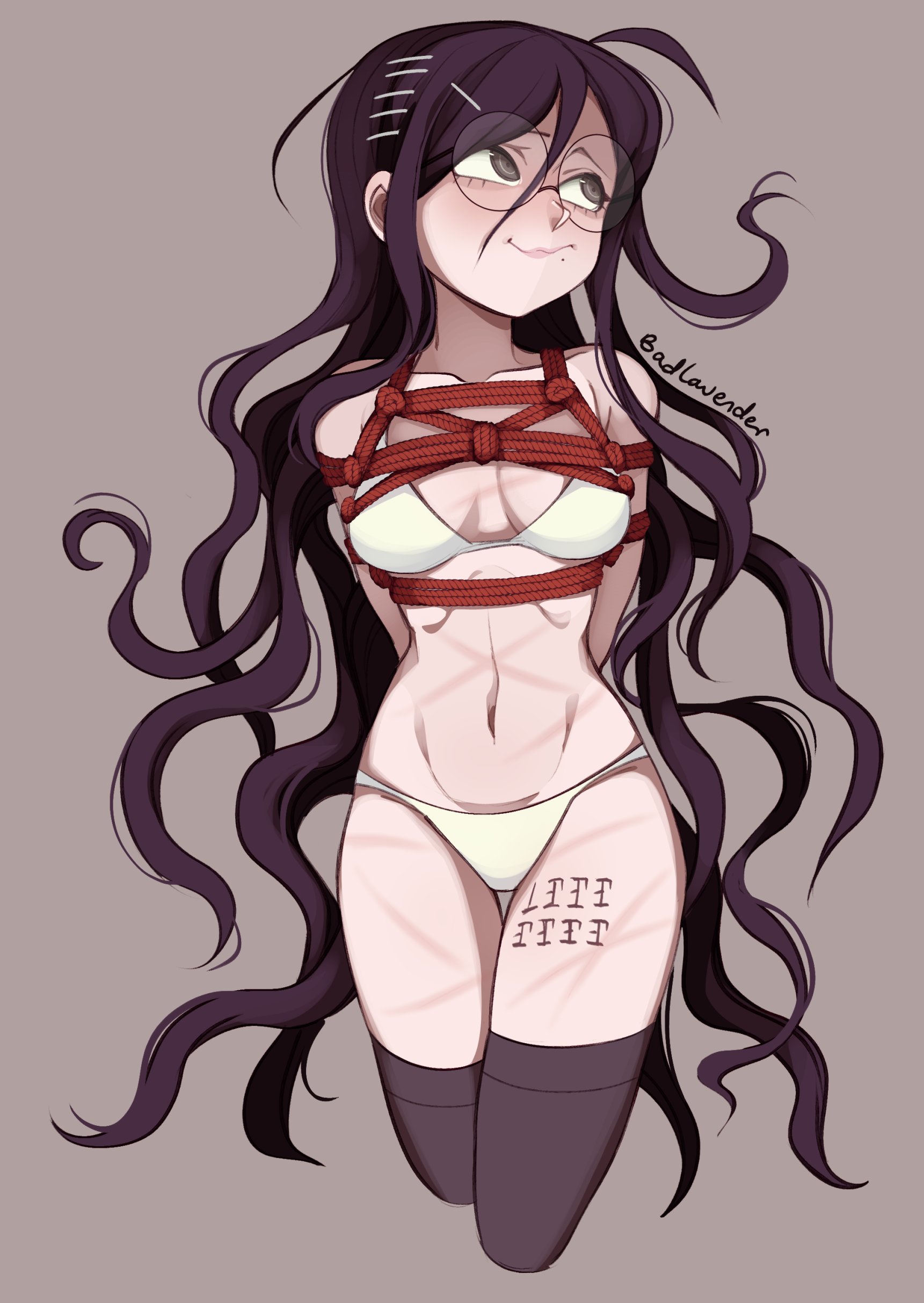 1girls, 2022, badlavender, bdsm, black eyes, black legwear, black thighhighs, bondage, bra, breasts, brown hair, cleavage, clothing, danganronpa, danganronpa ultra despair girls, danganronpa: trigger happy havoc, female, female only, fukawa touko, glasses, legs together, long hair, matching underwear, midriff, panties, purple hair, restrained, rope, round glasses, scars, smile, solo, thighhighs, thighs, tied, tied arms, tied up, white bra, white panties