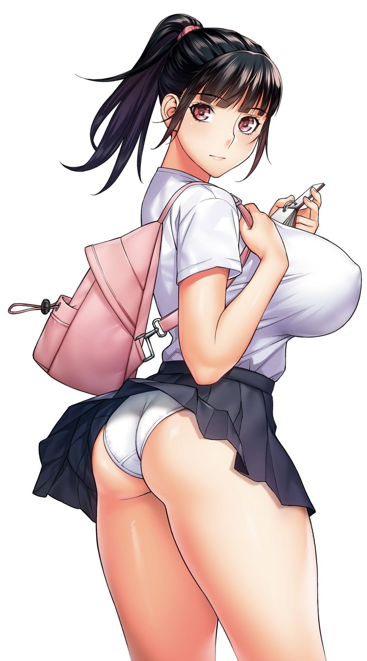 1girls ass ass_cheeks back_view backpack bag bakunyuu bangs bare_thighs big_breasts big_eyes black_hair black_hair_female black_skirt blank_background breasts carrying carrying_bag clothed cropped_legs dark_hair erect_nipples erect_nipples_under_clothes eyebrows_visible_through_hair female female_only fully_clothed hair_tie highleg highleg_panties highleg_skirt looking_at_viewer looking_back low-angle_view medium_breasts nipple_bulge original pantyshot pantyshot_(standing) perky_breasts pink_backpack plain_background pleated_skirt ponytail raidon rear_view red_eyes revealing_clothes school_bag school_skirt school_uniform shiny_hair short_sleeves side_view sideboob sidelocks simple_background skirt skirt_up small_ass solo solo_female standing staring staring_at_viewer thighs tied_hair underwear upskirt viewed_from_below white_background white_panties white_shirt white_topwear wind_lift windy windy_skirt