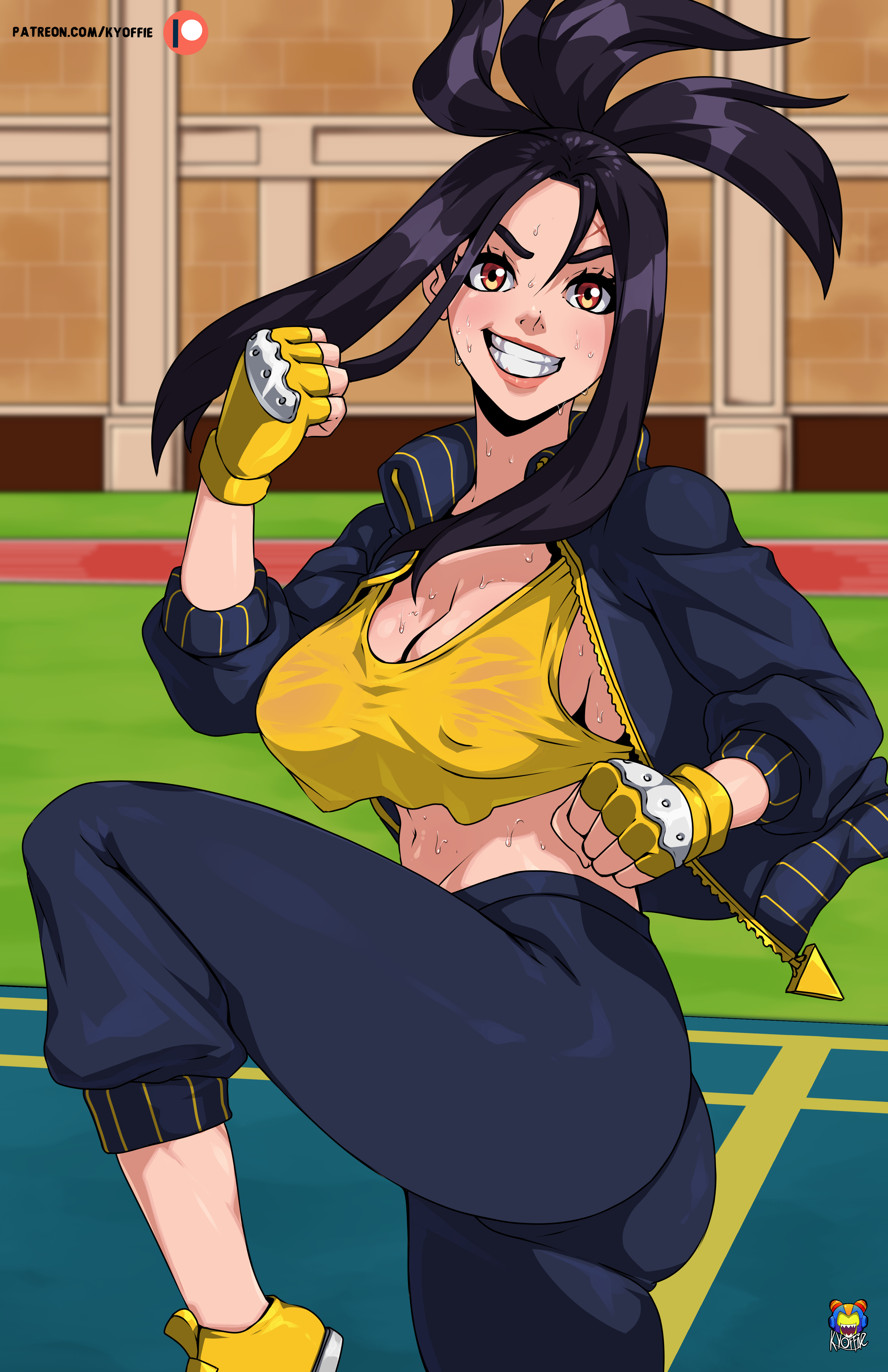 1girls, absurd res, ass, black hair, breasts, bubble ass, bubble butt, clothed, clothing, dendra (pokemon), female, female only, game freak, gloves, hi res, jacket, kyoffie, large breasts, midriff, nintendo, pants, pokemon, pokemon sv, red eyes, sideboob, smile, solo, solo female, sportswear, sweat, tank top, teeth, track suit