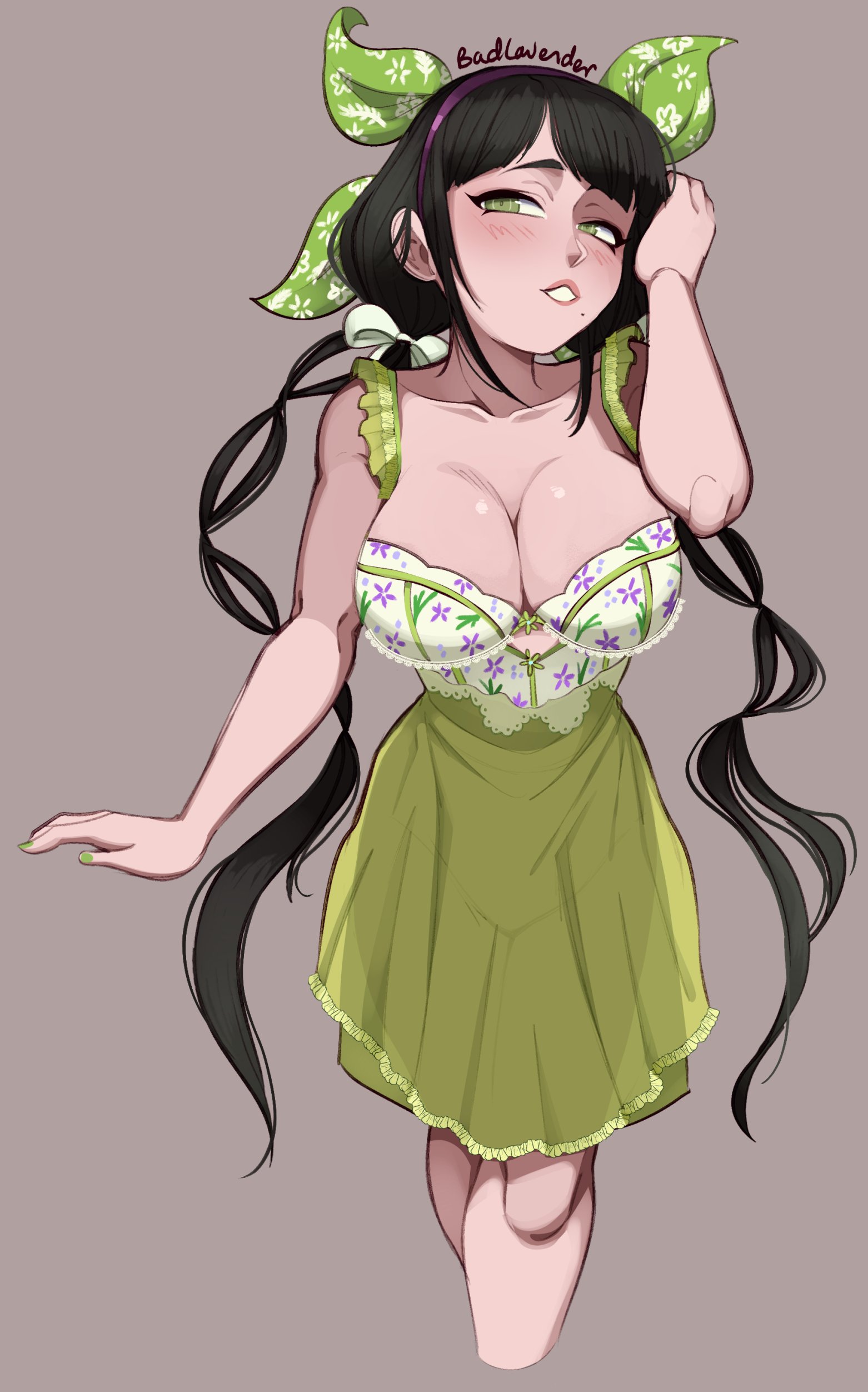 2022, badlavender, black hair, blush, bow in hair, breasts, chabashira tenko, cleavage, danganronpa, danganronpa v3, dress, female, female only, green eyes, painted nails