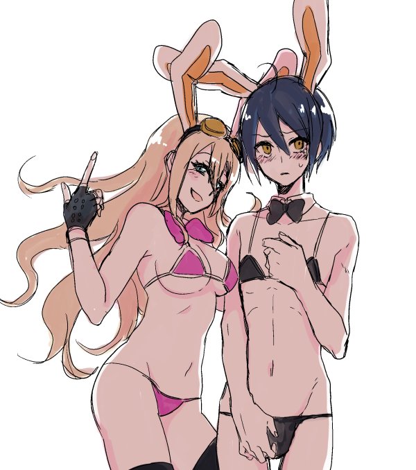 1boy, 1girls, 2022, artist request, bikini, bikini bottom, bikini top, black bikini, blonde hair, blue eyes, blue hair, blush, bowtie, breasts, bulge, bunny boy, bunny ears, bunny girl, collar, crossdressing, danganronpa, danganronpa v3, embarrassed, female, femboy, gloves, goggles, goggles on forehead, goggles on head, human, iruma miu, large breasts, male, male thong, male/female, no visible genitalia, pink bikini, pink bra, pink panties, pose, posing, saihara shuuichi, simple background, simple shading, straight hair, thighhighs, white background, yellow eyes