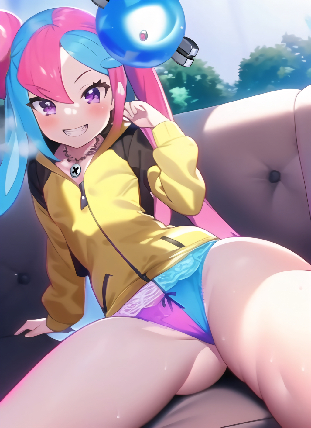 1girls, ai generated, blue hair, blush, breasts, character hair ornament, couch, female, game freak, gym leader, iono (pokemon), jacket, lewdful, looking at viewer, nai diffusion, on couch, panties, petite, pink eyes, pink hair, pokemon, pokemon sv, sharp teeth, small breasts, smile, stable diffusion, twintails, two-tone hair, underwear